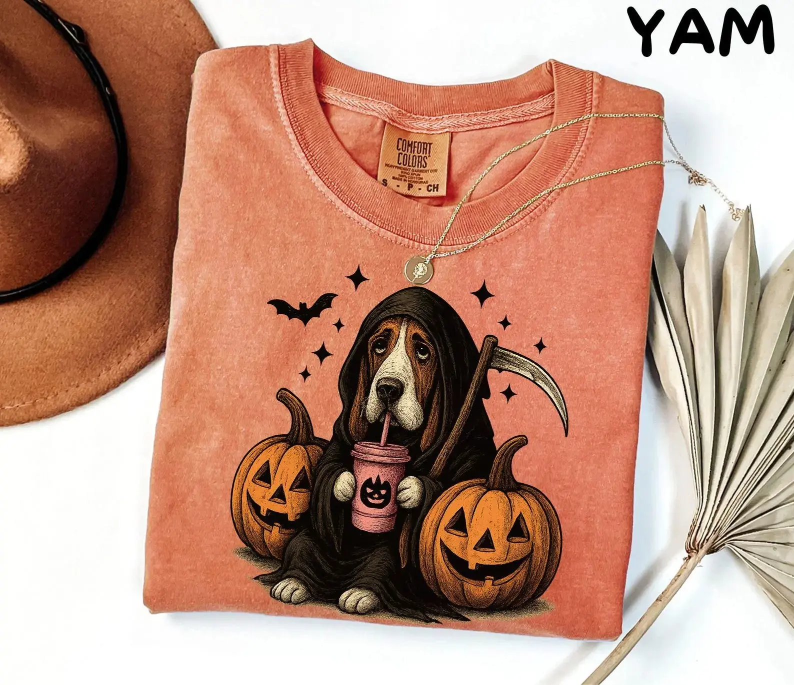 Comfort Colors Basset Hound Halloween T-Shirt, Spooky Season Retro Dog Lover Graphic Tee, Cute Fall Pumpkin Top - photo 4