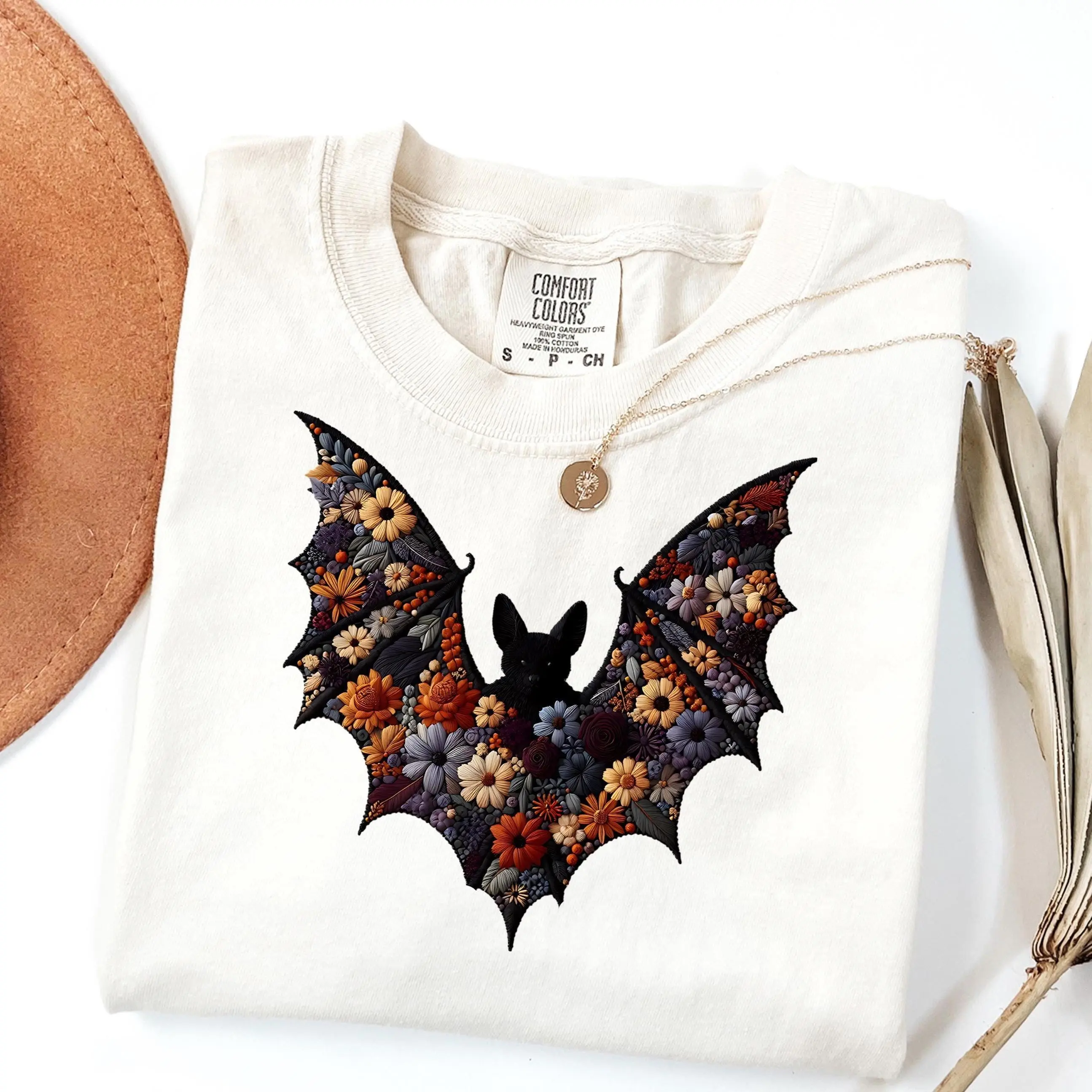 Comfort Colors Bat Shirt, Halloween Faux Embroidery Tee, Cute Spooky Season Womens Fall Outfit Graphic Top Gift