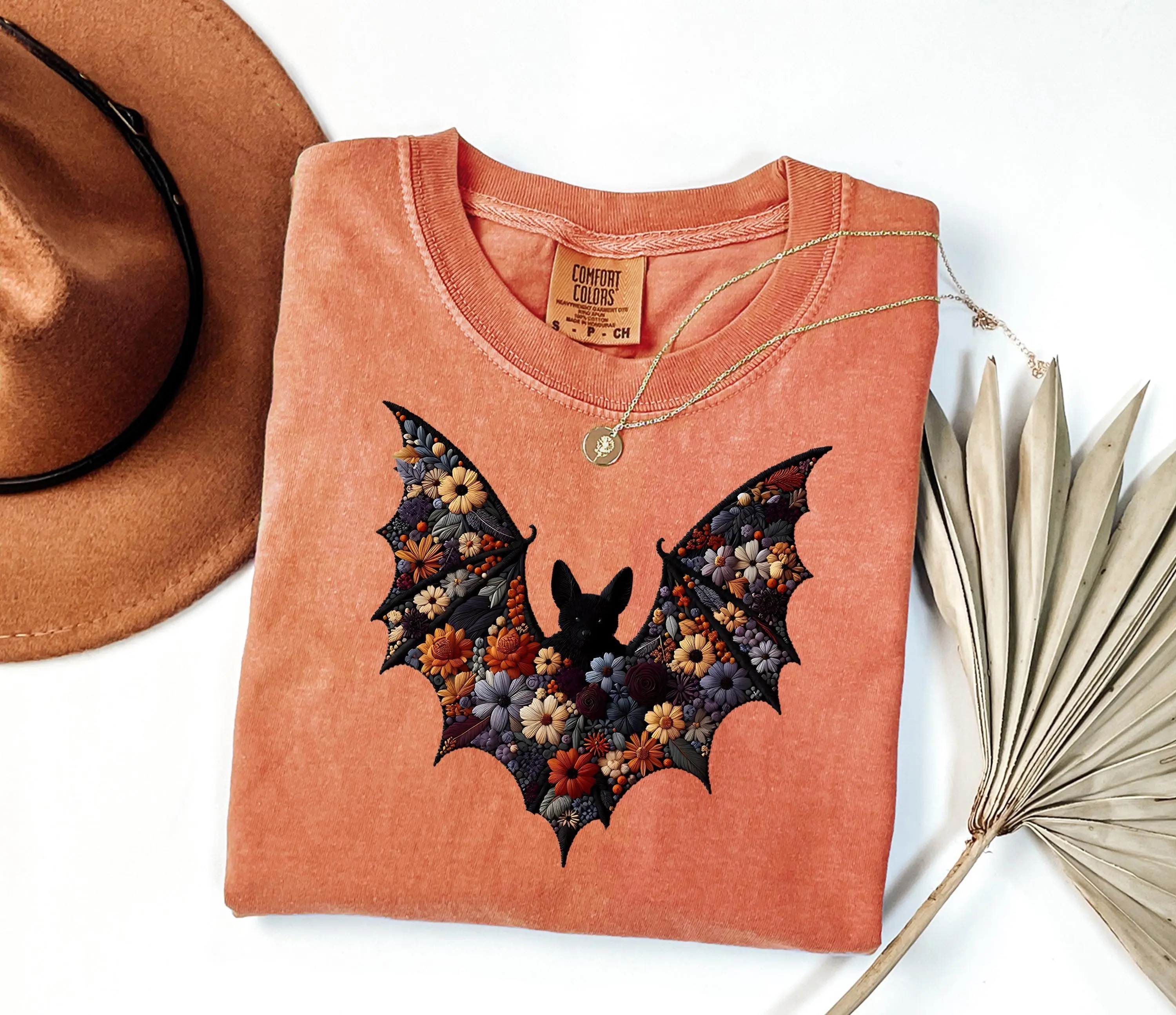 Comfort Colors Bat Shirt, Halloween Faux Embroidery Tee, Cute Spooky Season Womens Fall Outfit Graphic Top Gift - photo 2