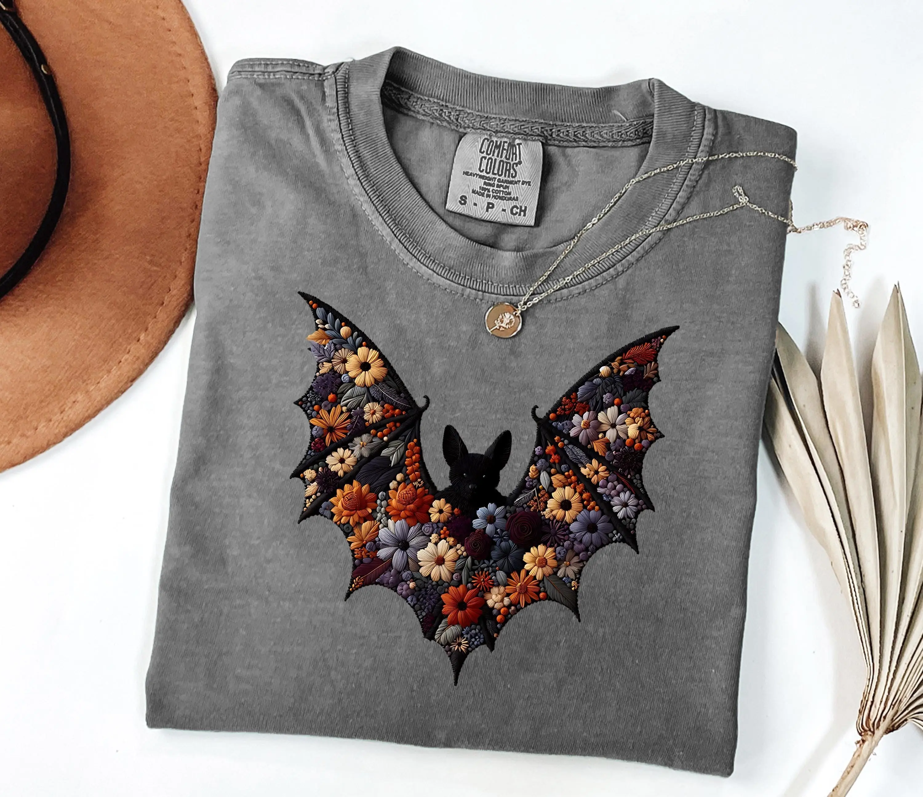 Comfort Colors Bat Shirt, Halloween Faux Embroidery Tee, Cute Spooky Season Womens Fall Outfit Graphic Top Gift - photo 3