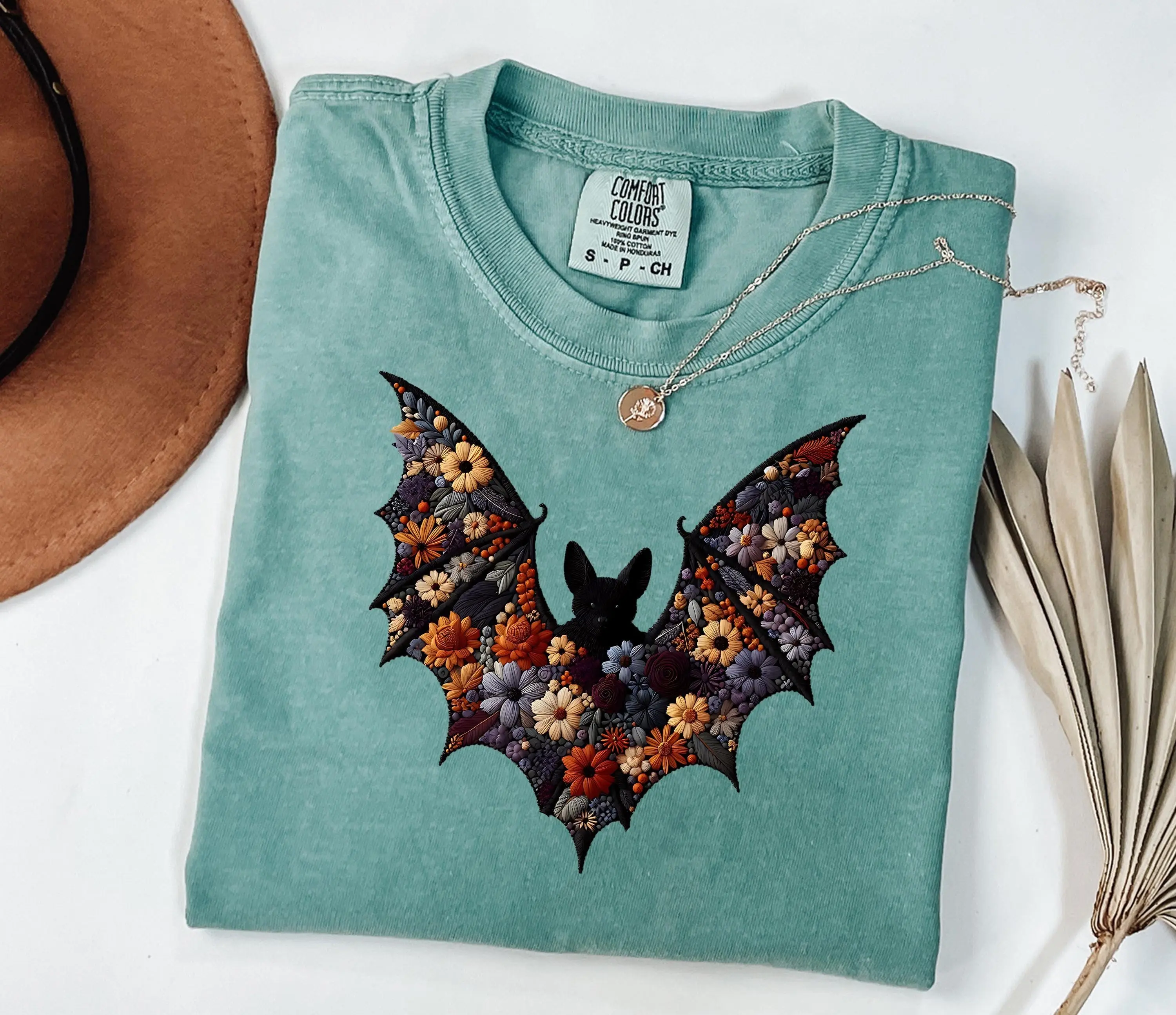 Comfort Colors Bat Shirt, Halloween Faux Embroidery Tee, Cute Spooky Season Womens Fall Outfit Graphic Top Gift - photo 4