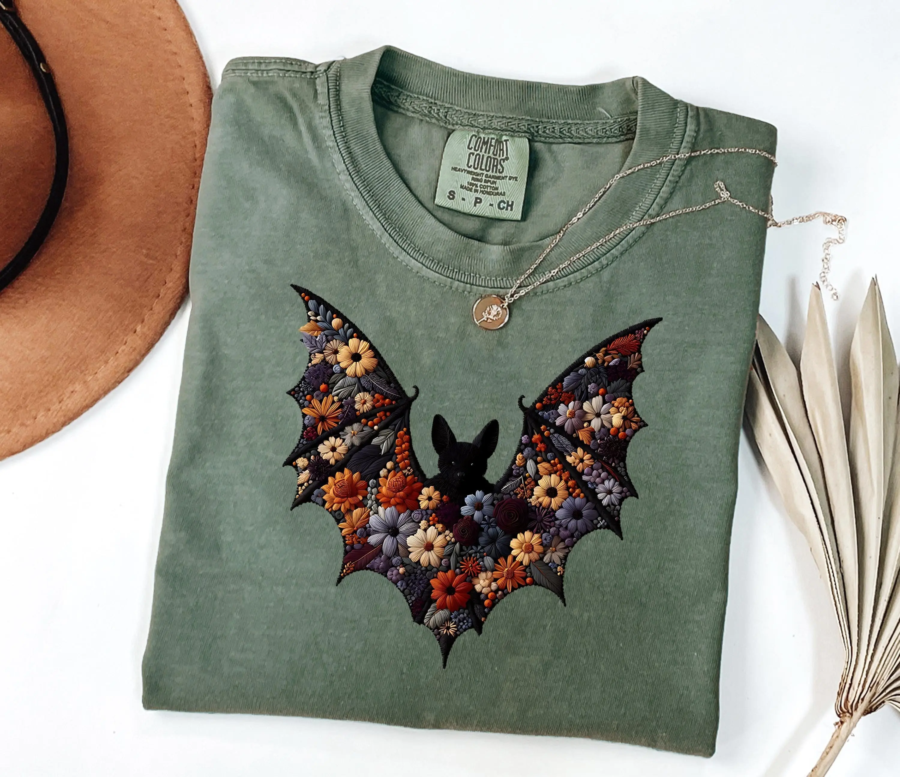Comfort Colors Bat Shirt, Halloween Faux Embroidery Tee, Cute Spooky Season Womens Fall Outfit Graphic Top Gift - photo 5
