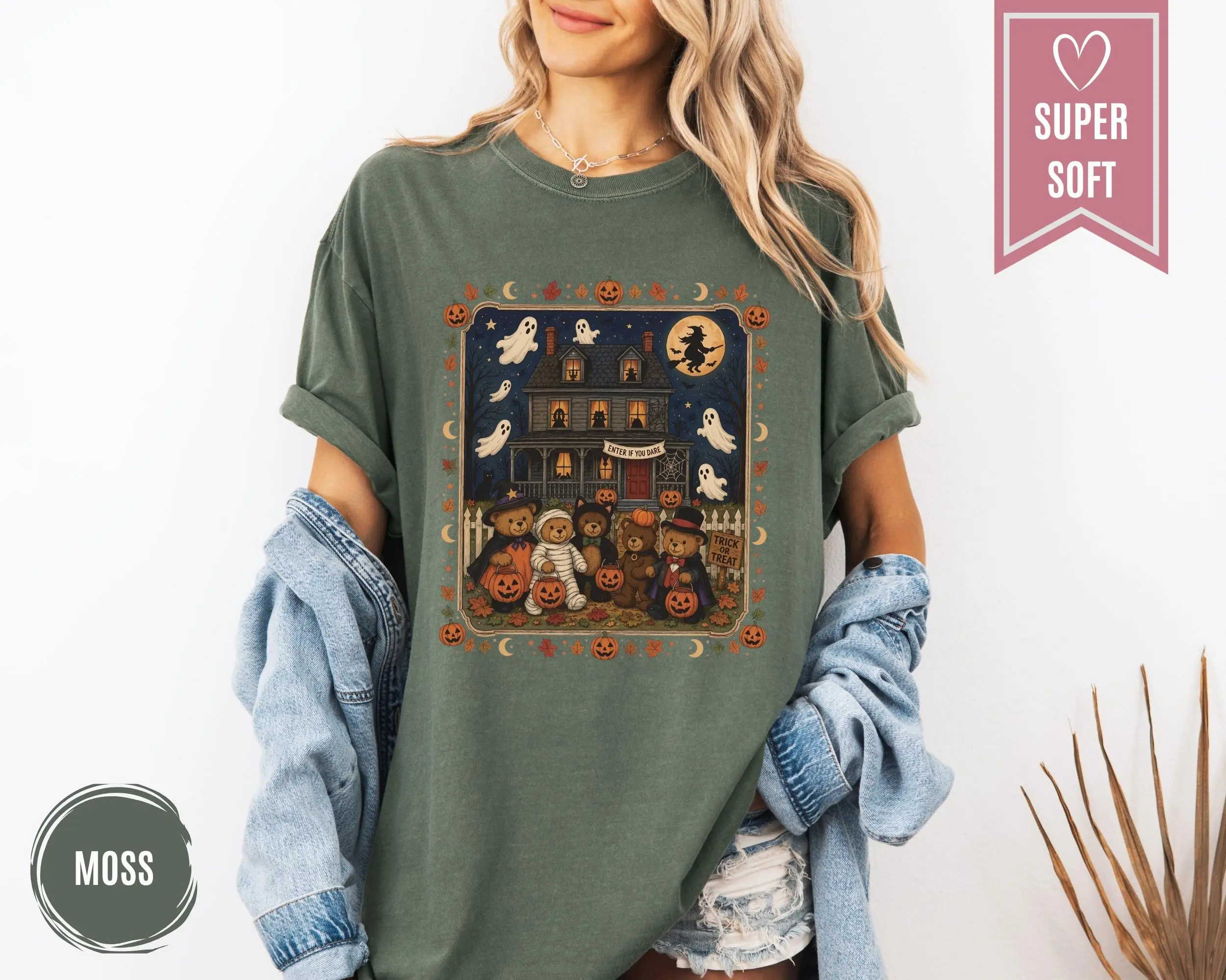 Comfort Colors Bears Halloween Sweatshirt, Trick or Treat Haunted House Graphic Crewneck, Pumpkin Lover Gift - photo 4