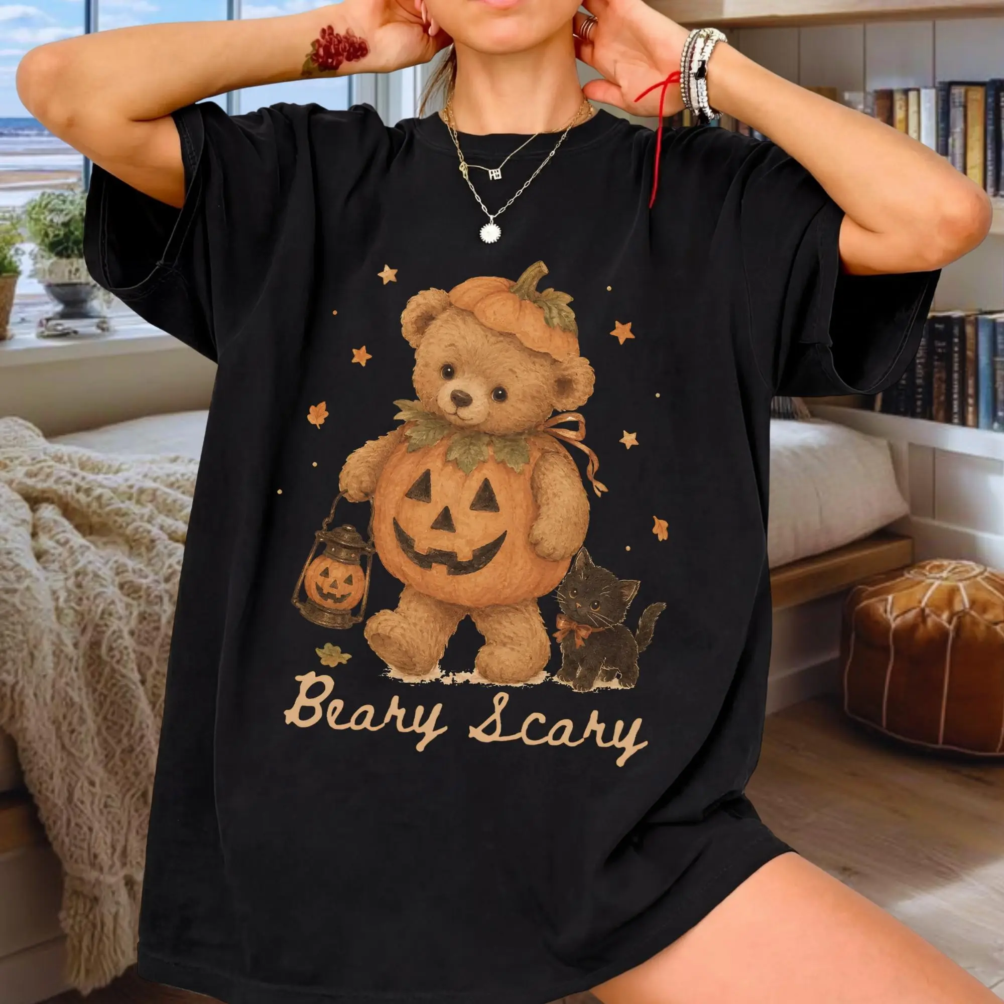 Comfort Colors Beary Scary Halloween T-Shirt, Spooky Teddy Bear Tee, Cute Fall Season Graphic Top - photo 4
