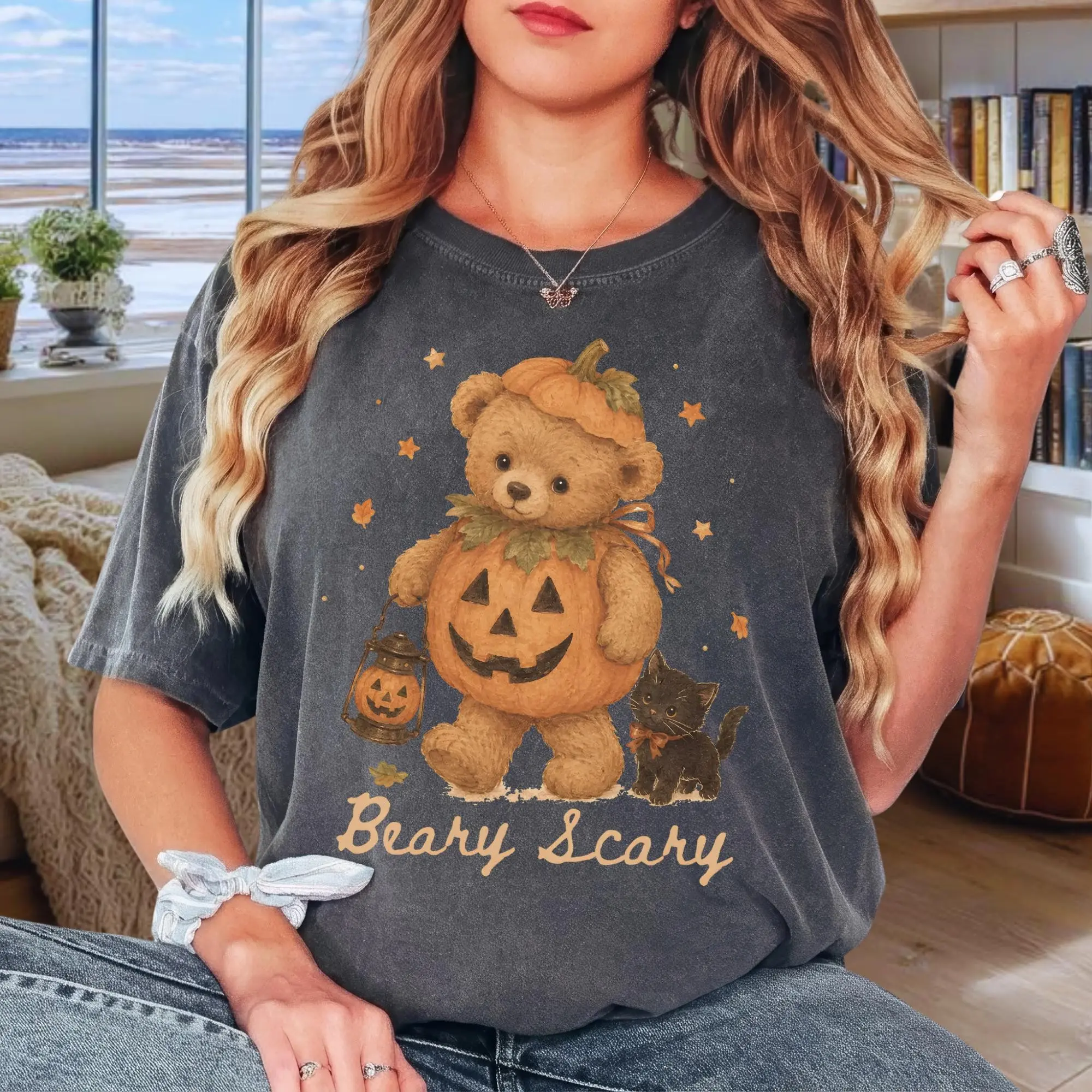 Comfort Colors Beary Scary Halloween T-Shirt, Spooky Teddy Bear Tee, Cute Fall Season Graphic Top - photo 5