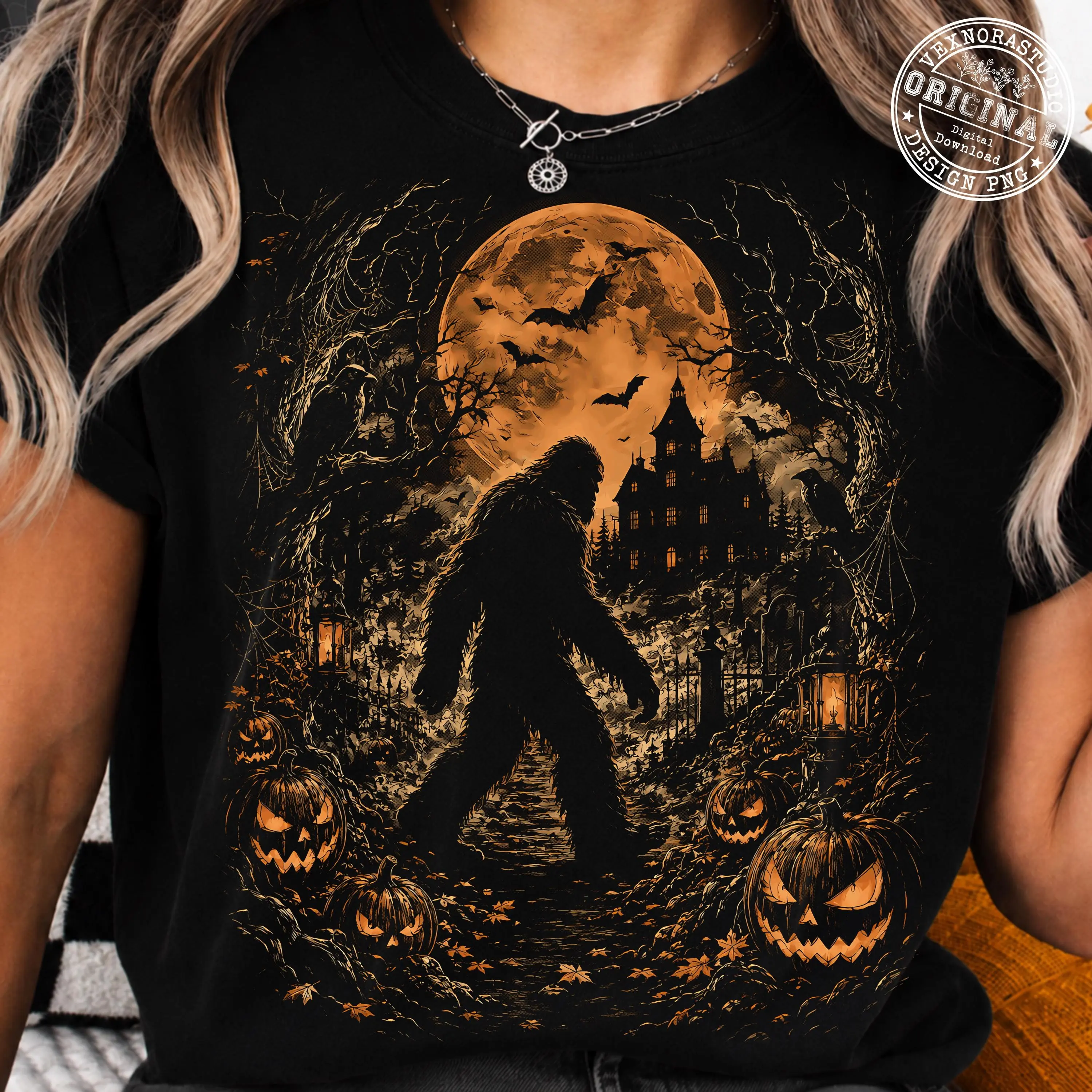 Comfort Colors Bigfoot Halloween T-Shirt, Funny Vintage Sasquatch Spooky Forest Moon Retro Graphic Tee for Women
