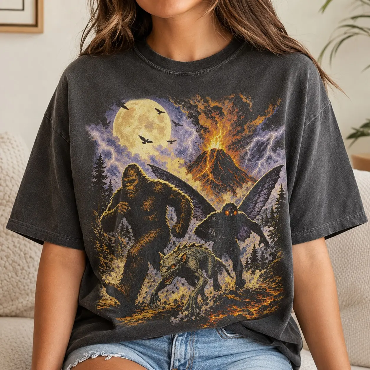 Comfort Colors Bigfoot Mothman Cryptids Volcano Shirt, Spooky Halloween Party Monster October Graphic Tee