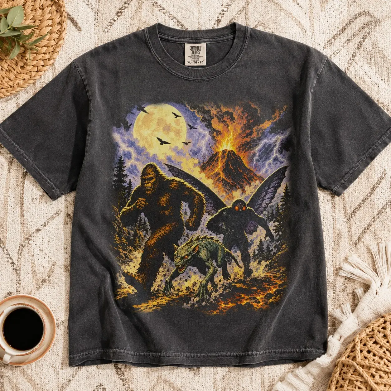 Comfort Colors Bigfoot Mothman Cryptids Volcano Shirt, Spooky Halloween Party Monster October Graphic Tee - photo 2