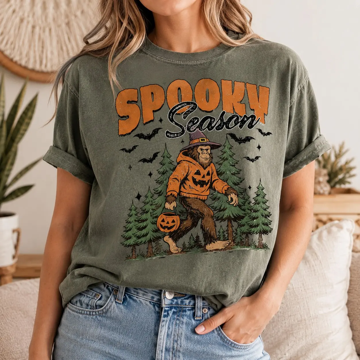 Comfort Colors Bigfoot Sasquatch Witch Hat Shirt, Spooky Season Halloween Night Tee for Teens, Funny Cryptid Fall Gift - photo 1