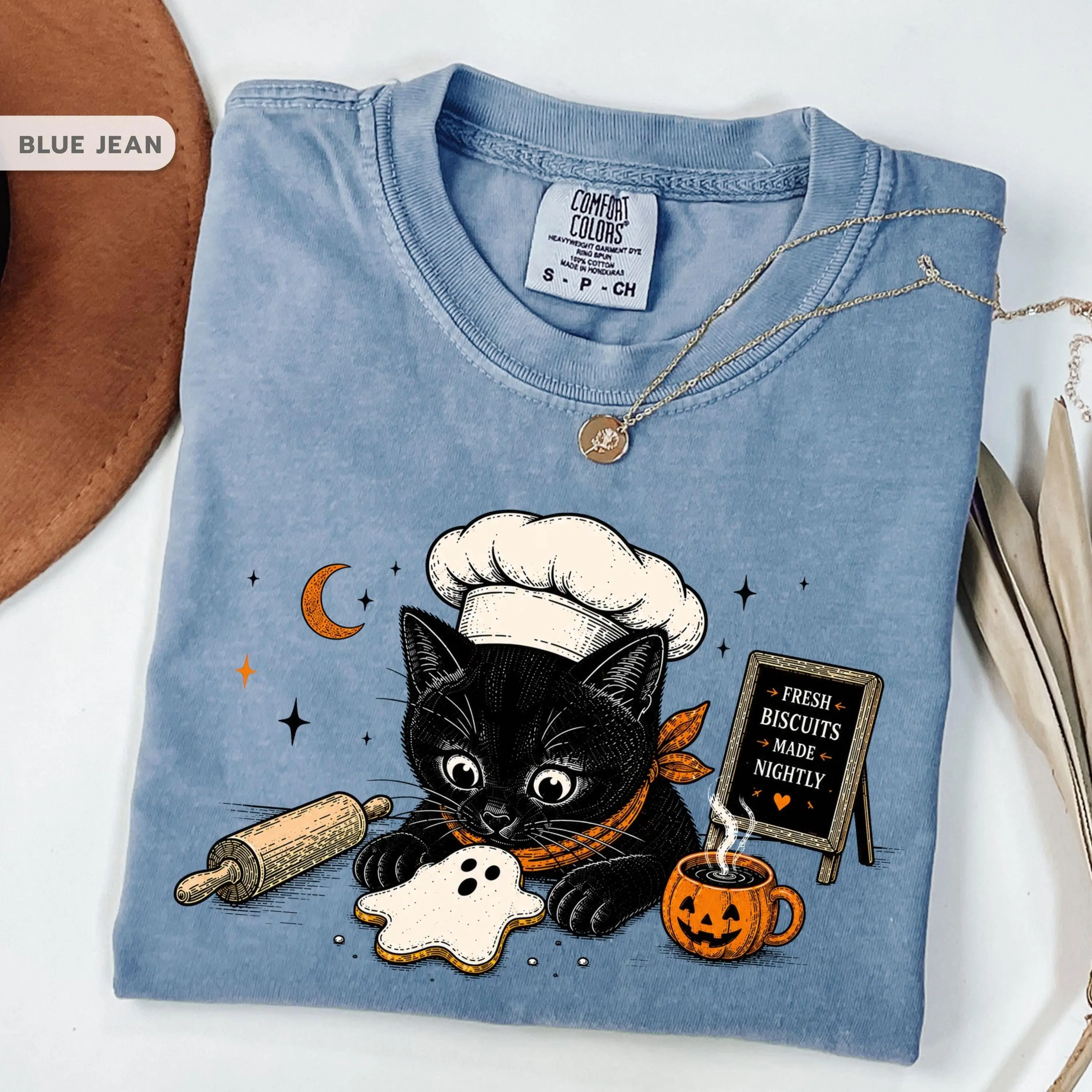 Comfort Colors Black Cat Baker Shirt, Ghost Biscuit Halloween Tee, Vintage Spooky Season Fall Pumpkin Coffee Cat Lover Gift