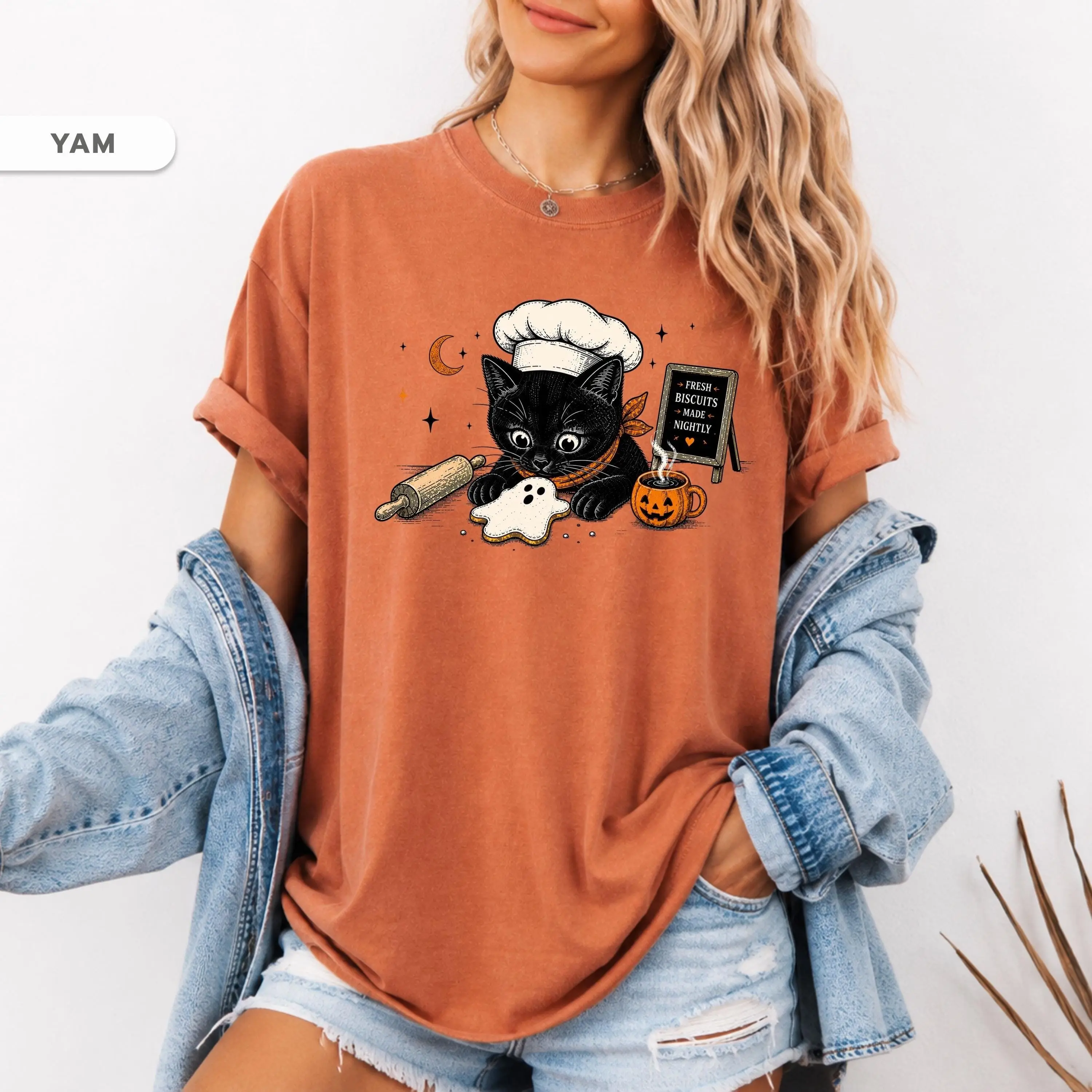Comfort Colors Black Cat Baker Shirt, Ghost Biscuit Halloween Tee, Vintage Spooky Season Fall Pumpkin Coffee Cat Lover Gift - photo 2