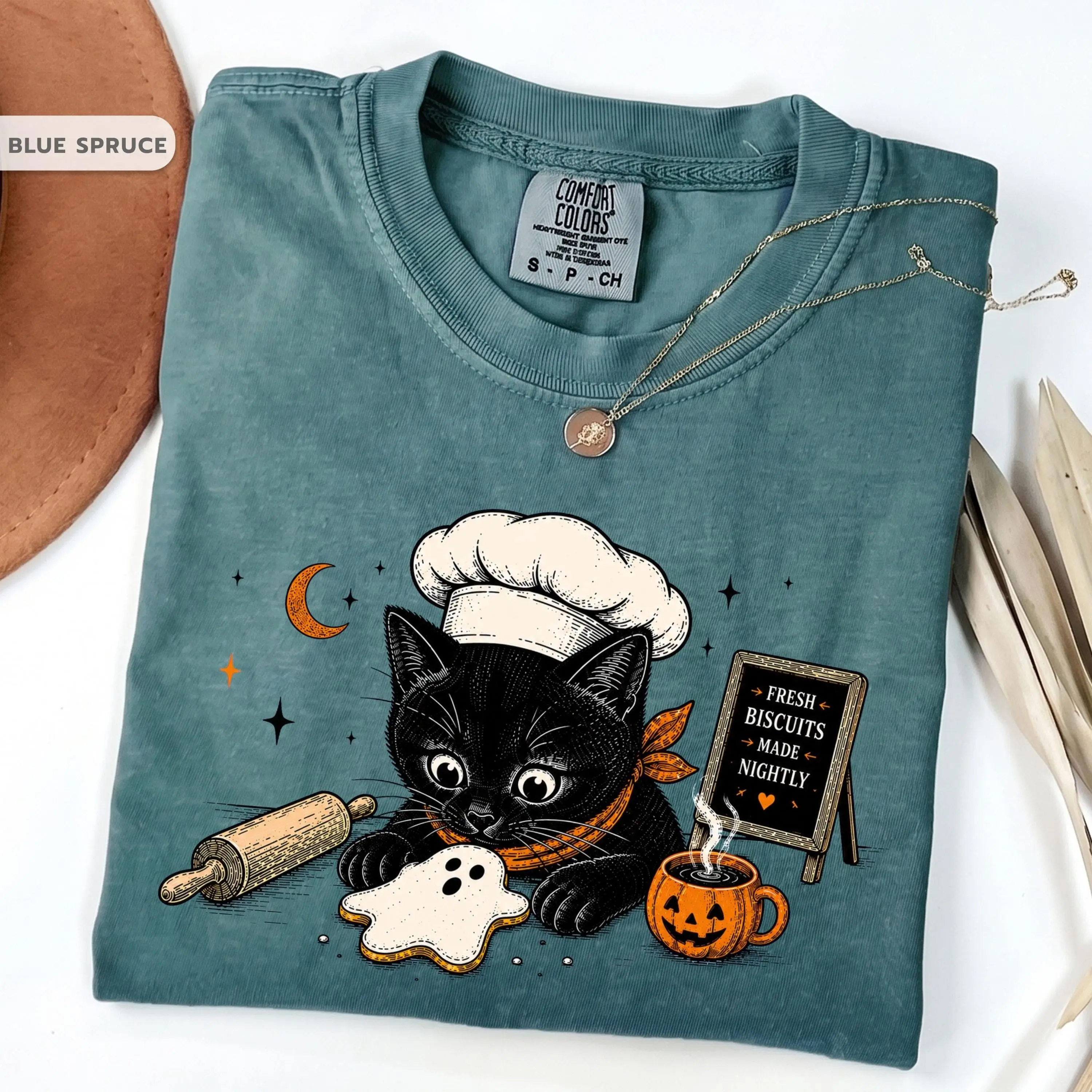 Comfort Colors Black Cat Baker Shirt, Ghost Biscuit Halloween Tee, Vintage Spooky Season Fall Pumpkin Coffee Cat Lover Gift - photo 3