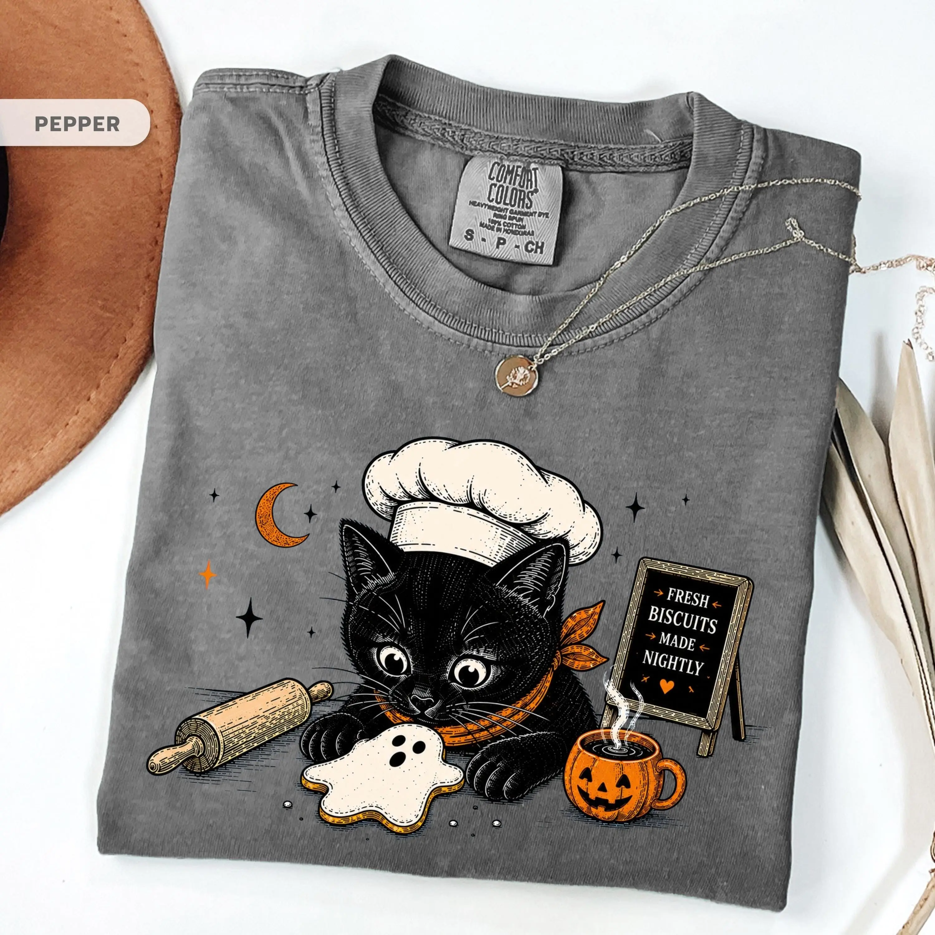 Comfort Colors Black Cat Baker Shirt, Ghost Biscuit Halloween Tee, Vintage Spooky Season Fall Pumpkin Coffee Cat Lover Gift - photo 4