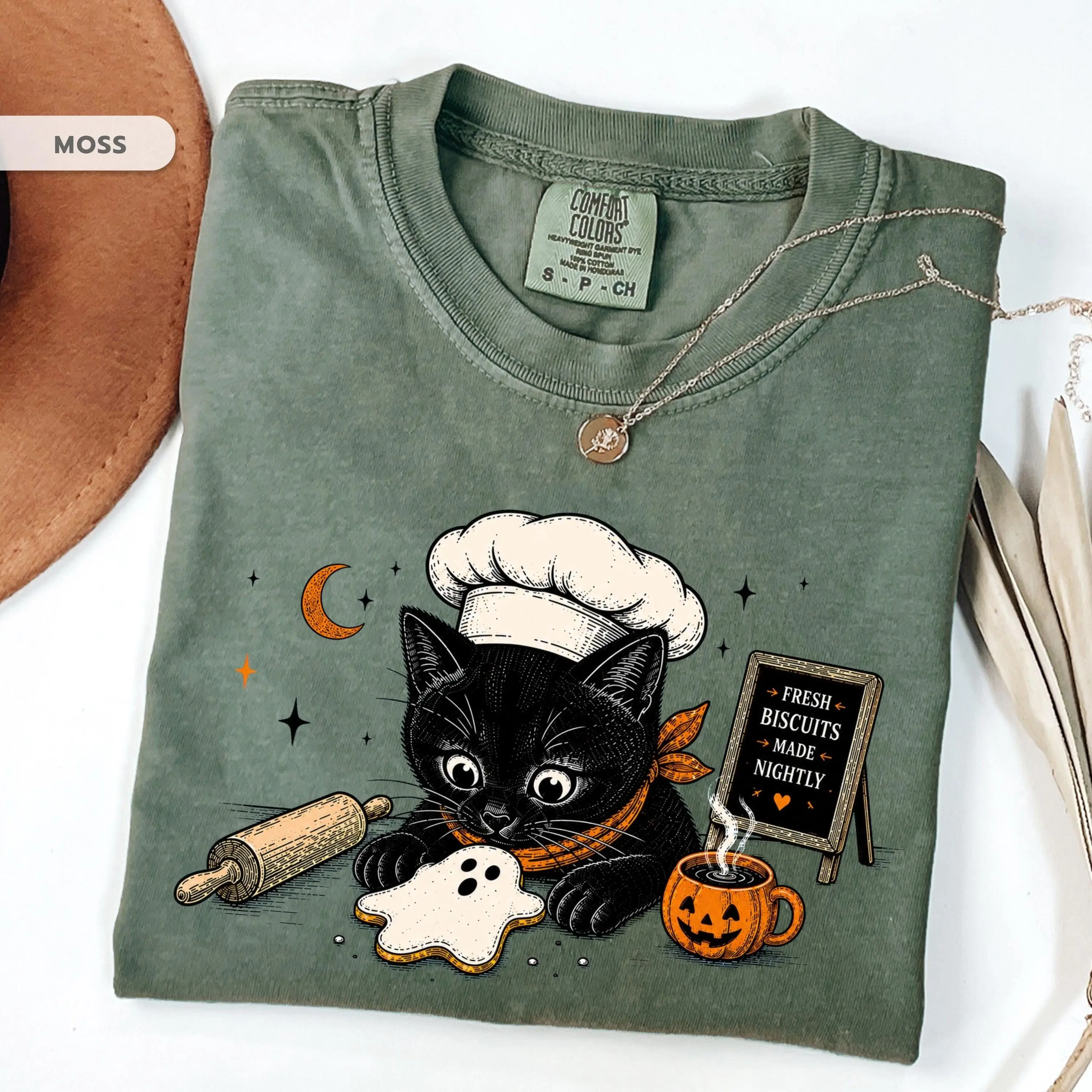 Comfort Colors Black Cat Baker Shirt, Ghost Biscuit Halloween Tee, Vintage Spooky Season Fall Pumpkin Coffee Cat Lover Gift - photo 5