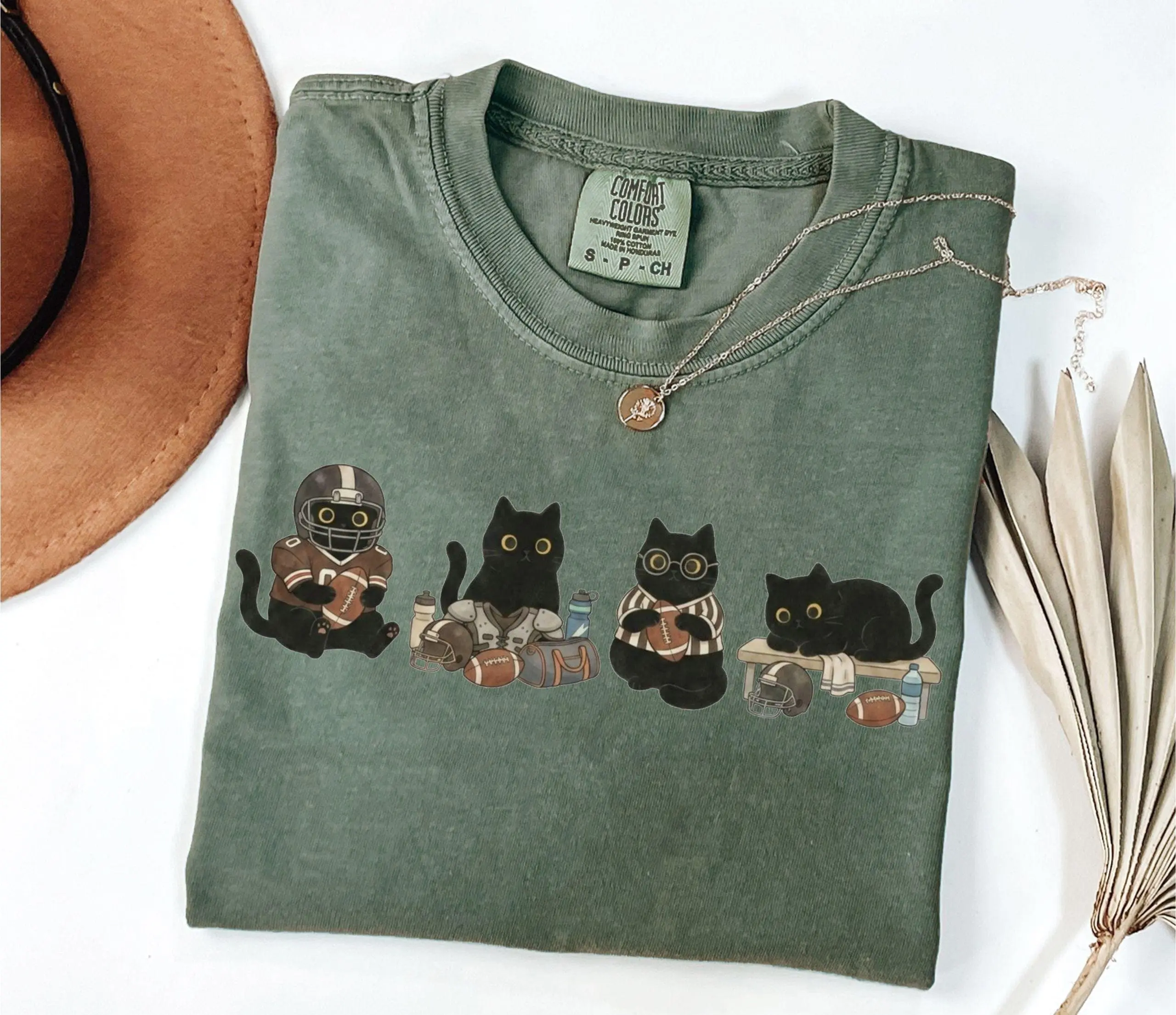 Comfort Colors Black Cat Football Shirt, Cute Game Day Kitty Graphic Tee, Fall Season Gift