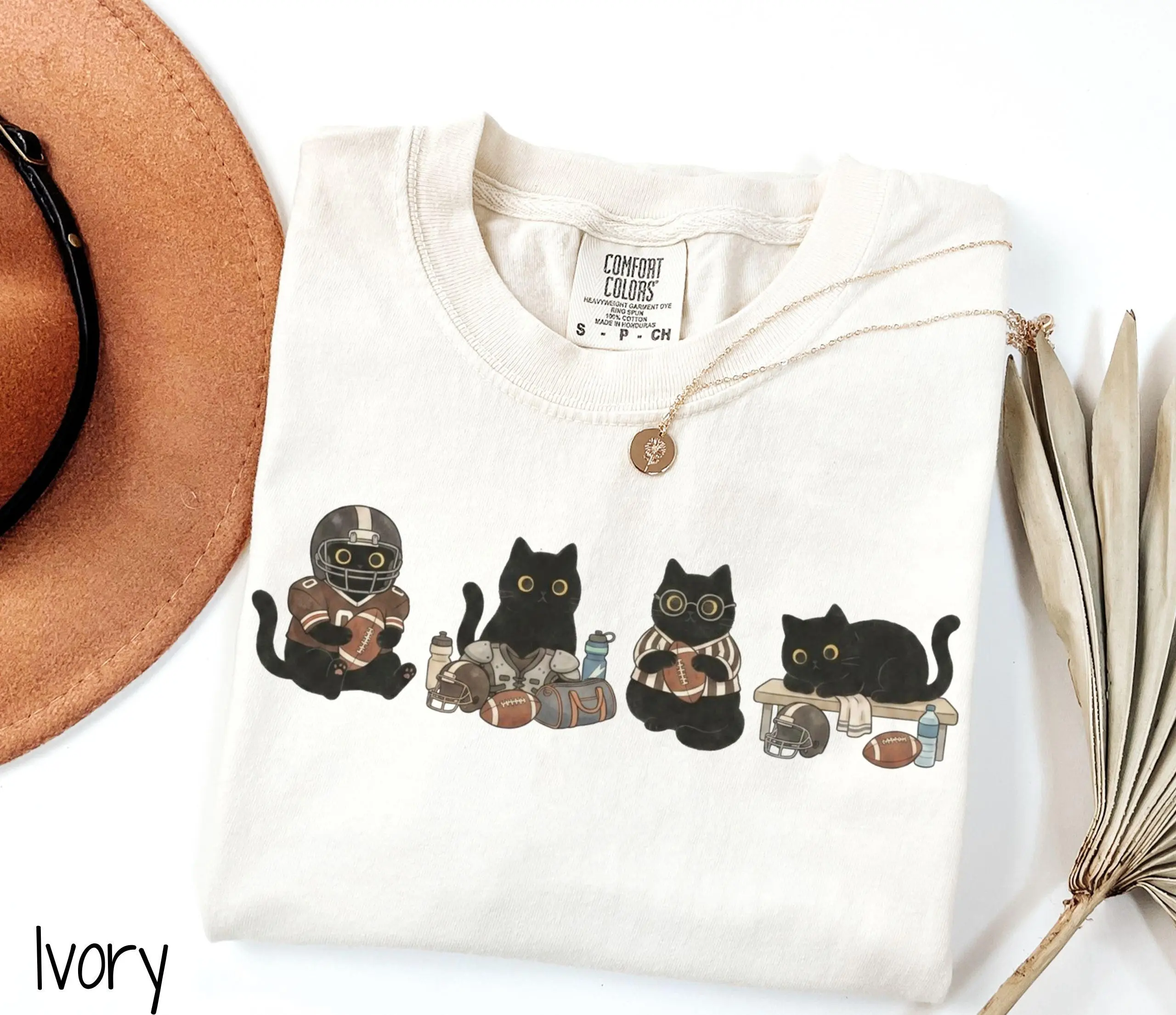 Comfort Colors Black Cat Football Shirt, Cute Game Day Kitty Graphic Tee, Fall Season Gift - photo 2