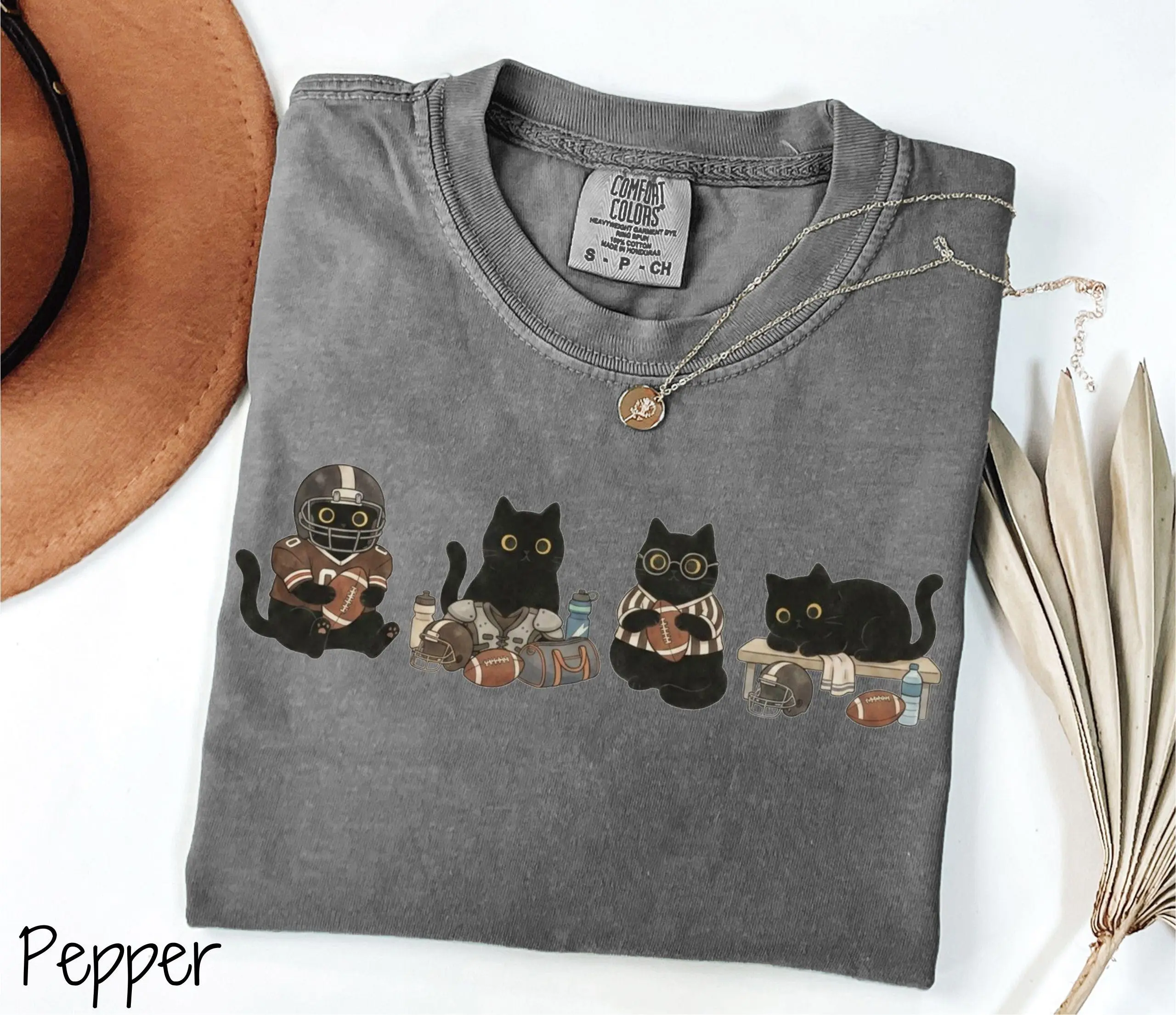 Comfort Colors Black Cat Football Shirt, Cute Game Day Kitty Graphic Tee, Fall Season Gift - photo 3