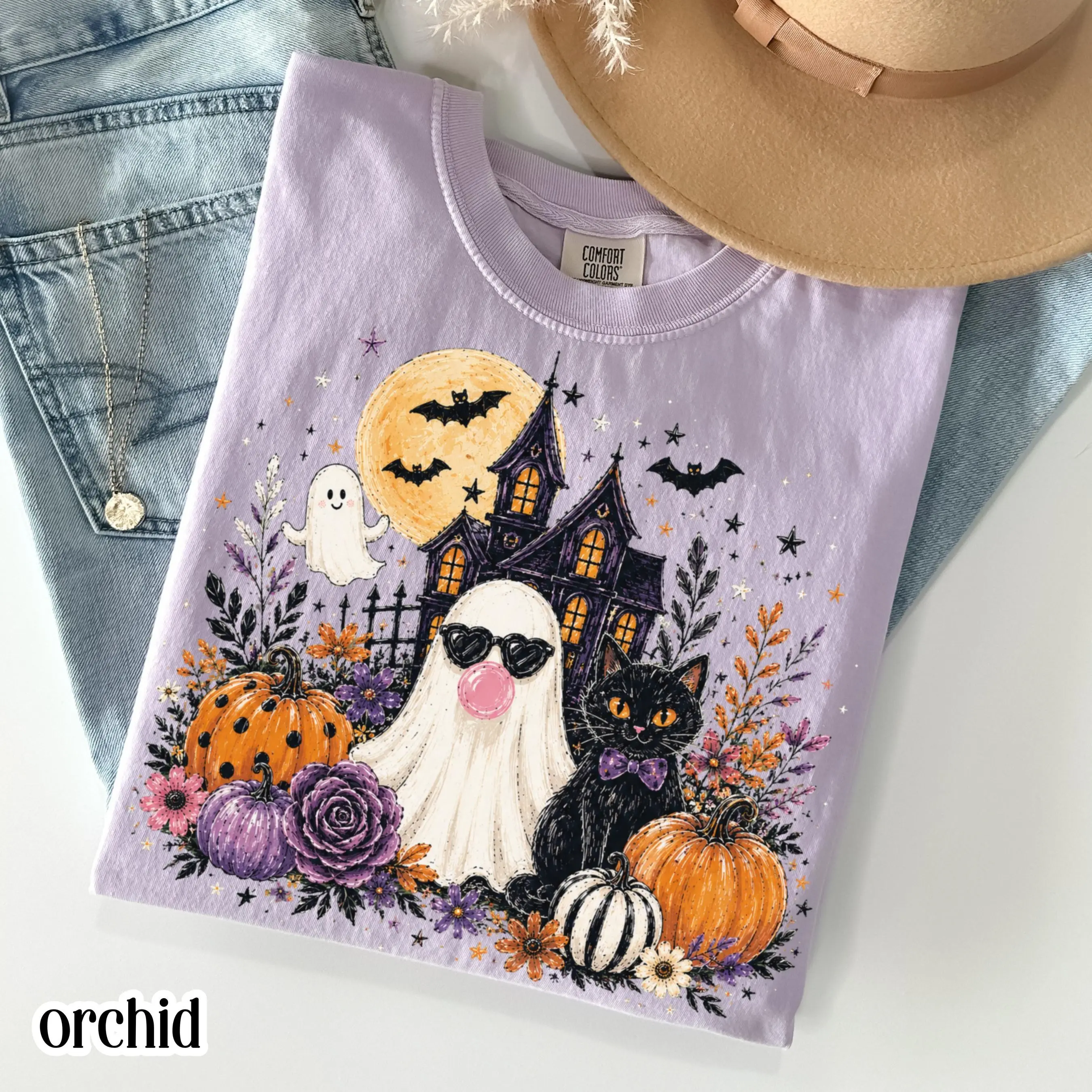 Comfort Colors Black Cat & Ghost Blowing Bubble Gum Shirt, Unisex Floral Spooky Season Halloween Fall Tee