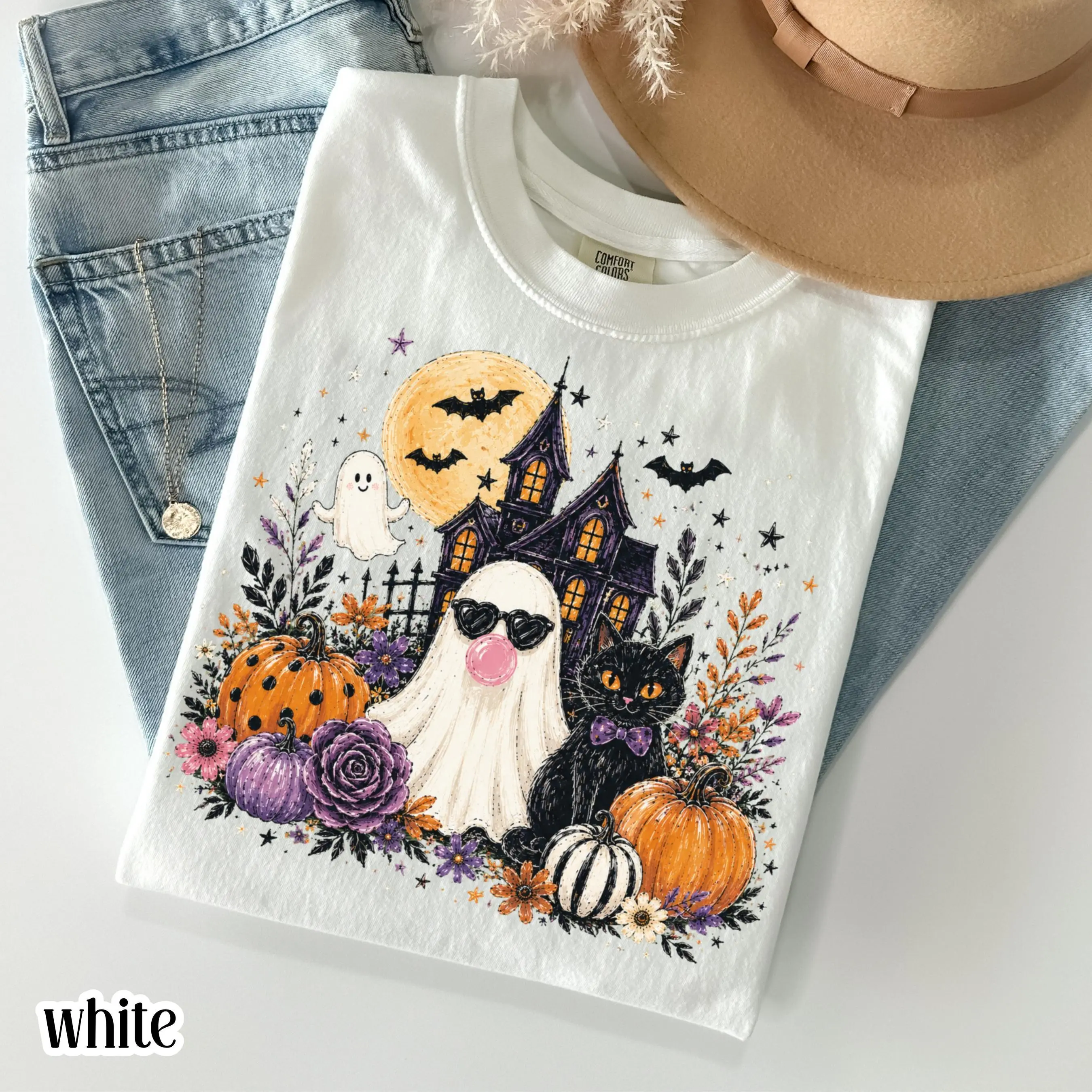 Comfort Colors Black Cat & Ghost Blowing Bubble Gum Shirt, Unisex Floral Spooky Season Halloween Fall Tee - photo 3