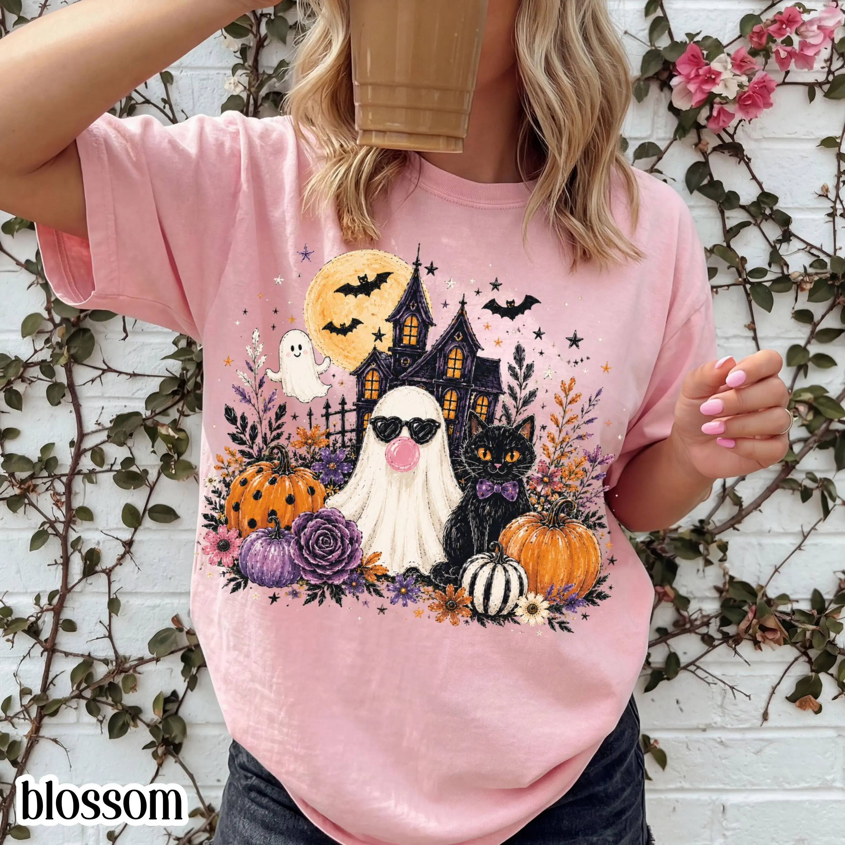 Comfort Colors Black Cat & Ghost Blowing Bubble Gum Shirt, Unisex Floral Spooky Season Halloween Fall Tee - photo 5