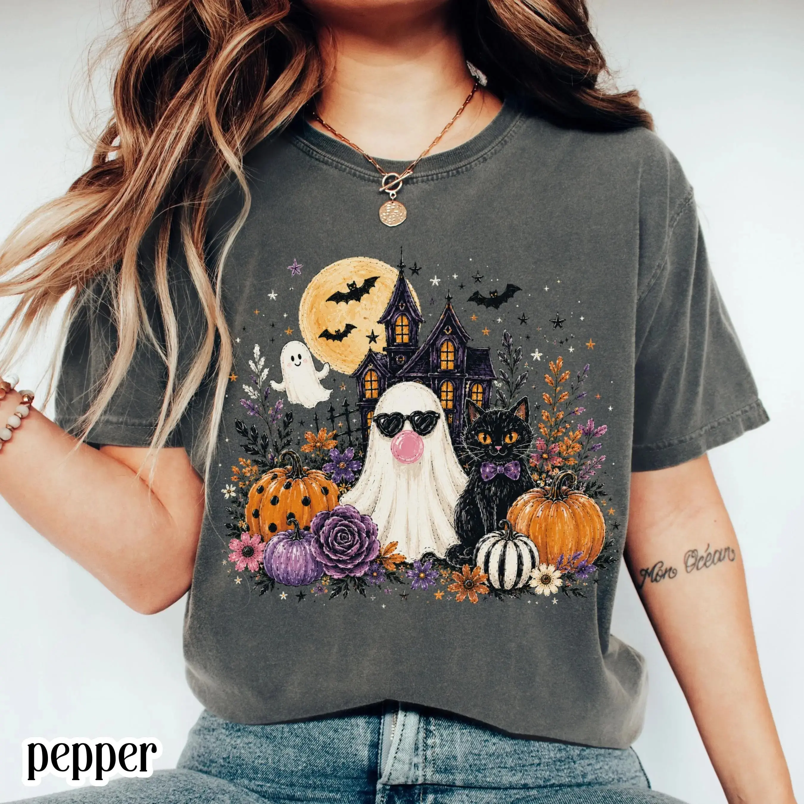 Comfort Colors Black Cat Ghost Bubble Gum Shirt, Floral Haunted House Spooky Season Halloween Fall Tee
