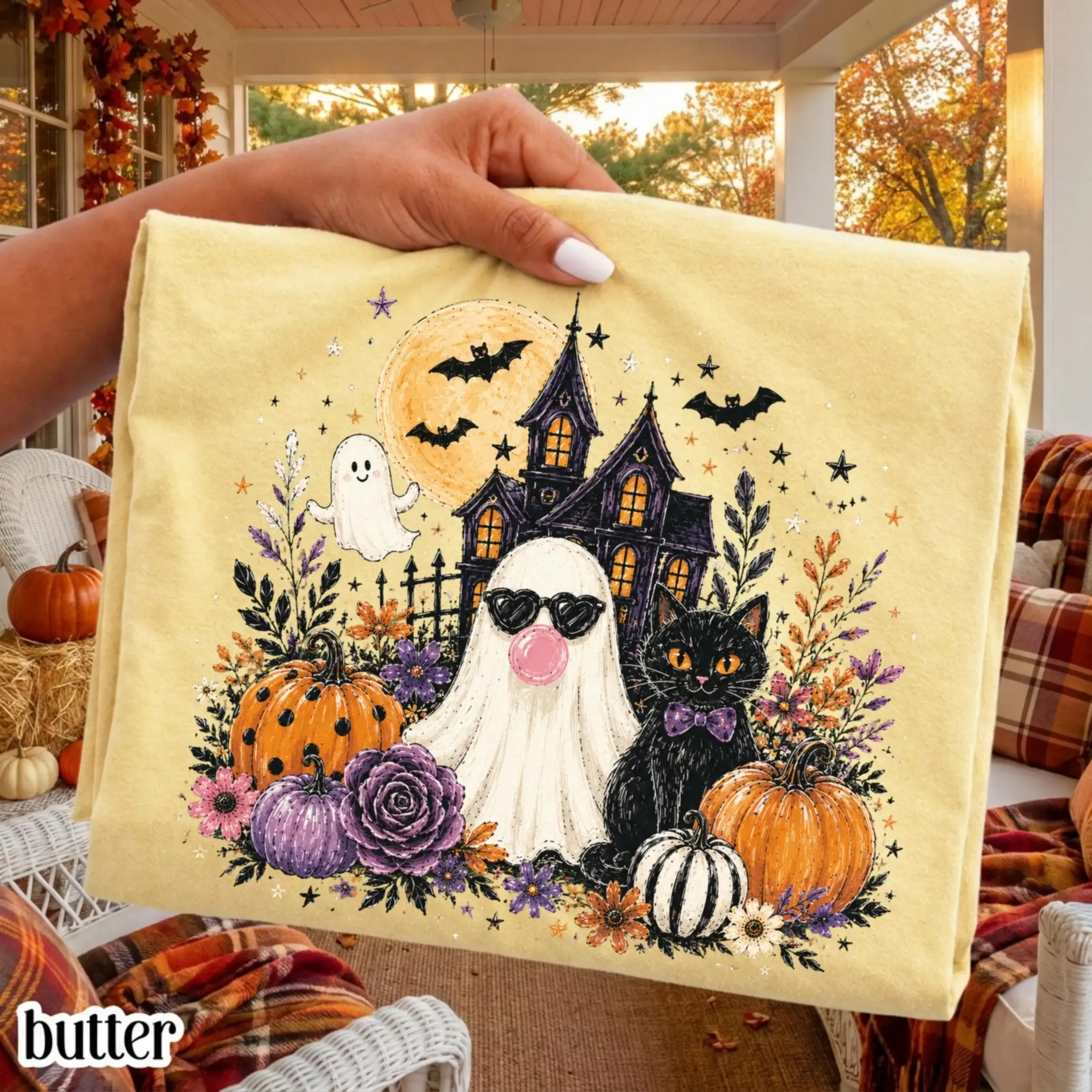 Comfort Colors Black Cat Ghost Bubble Gum Shirt, Floral Haunted House Spooky Season Halloween Fall Tee - photo 3