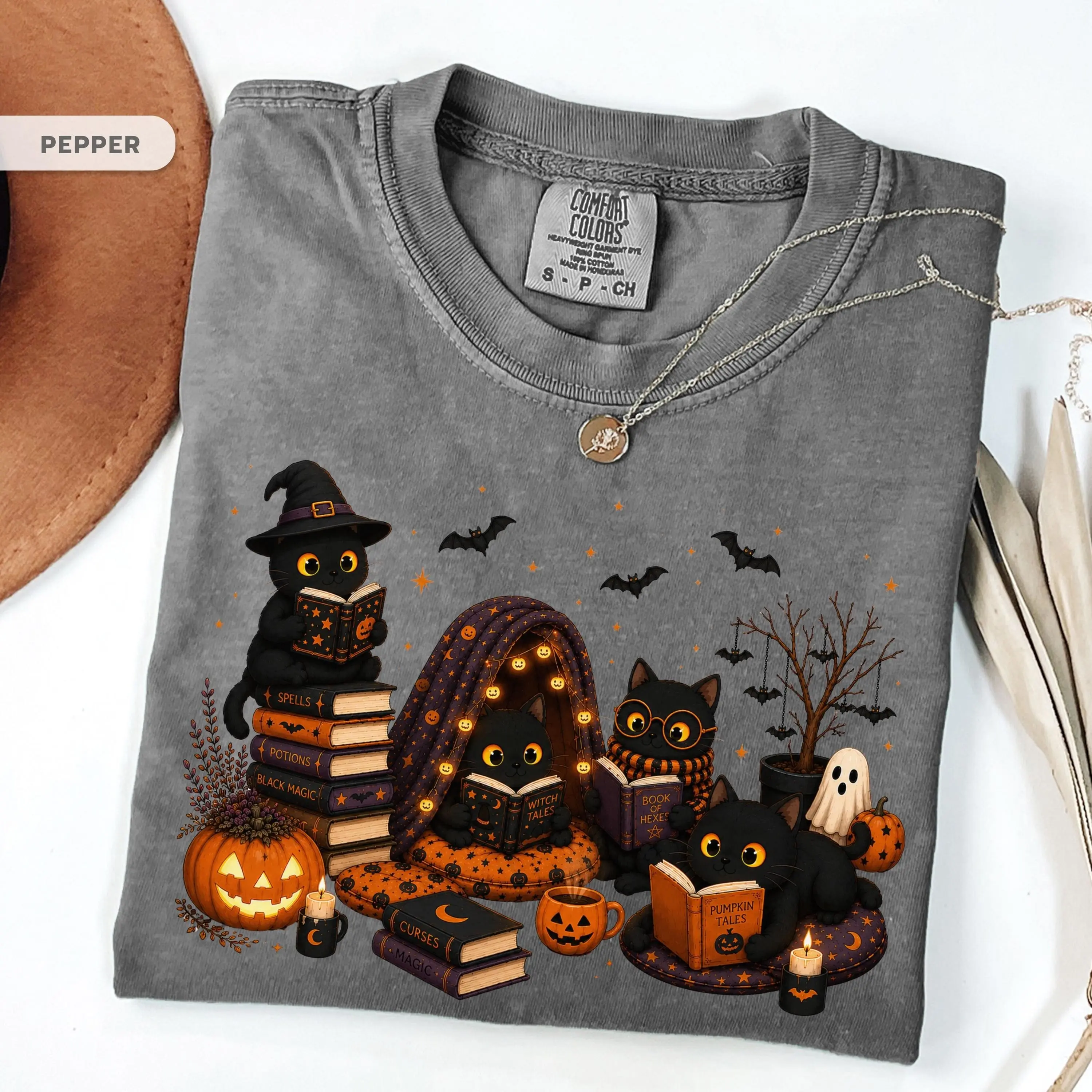 Comfort Colors Black Cat Halloween Reading Shirt, Spooky Book Lover Tee, Witchy Reader Mom Gift for Her - photo 3