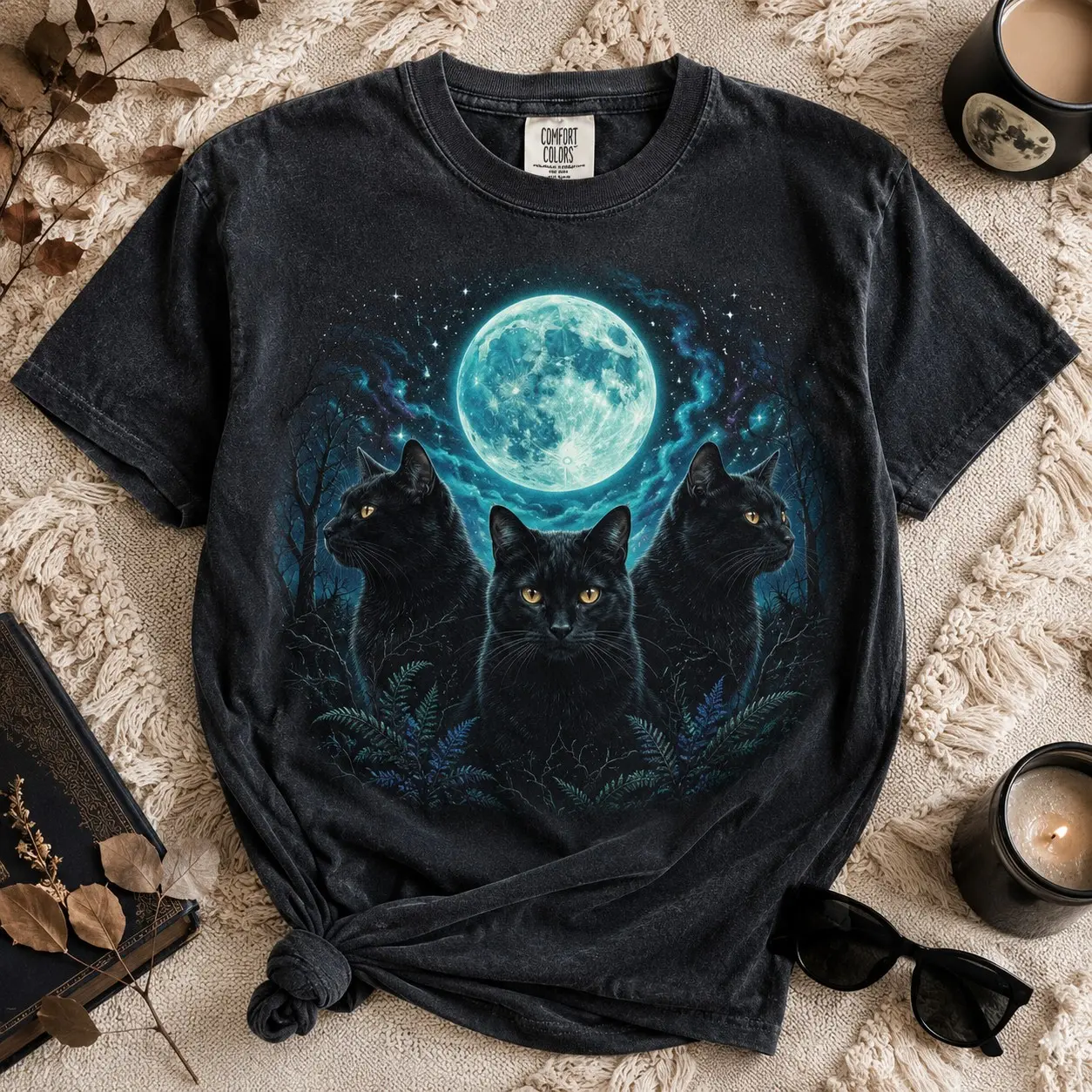 Comfort Colors Black Cat Moon Halloween Shirt, Short Sleeve Graphic Tee for Women - photo 1