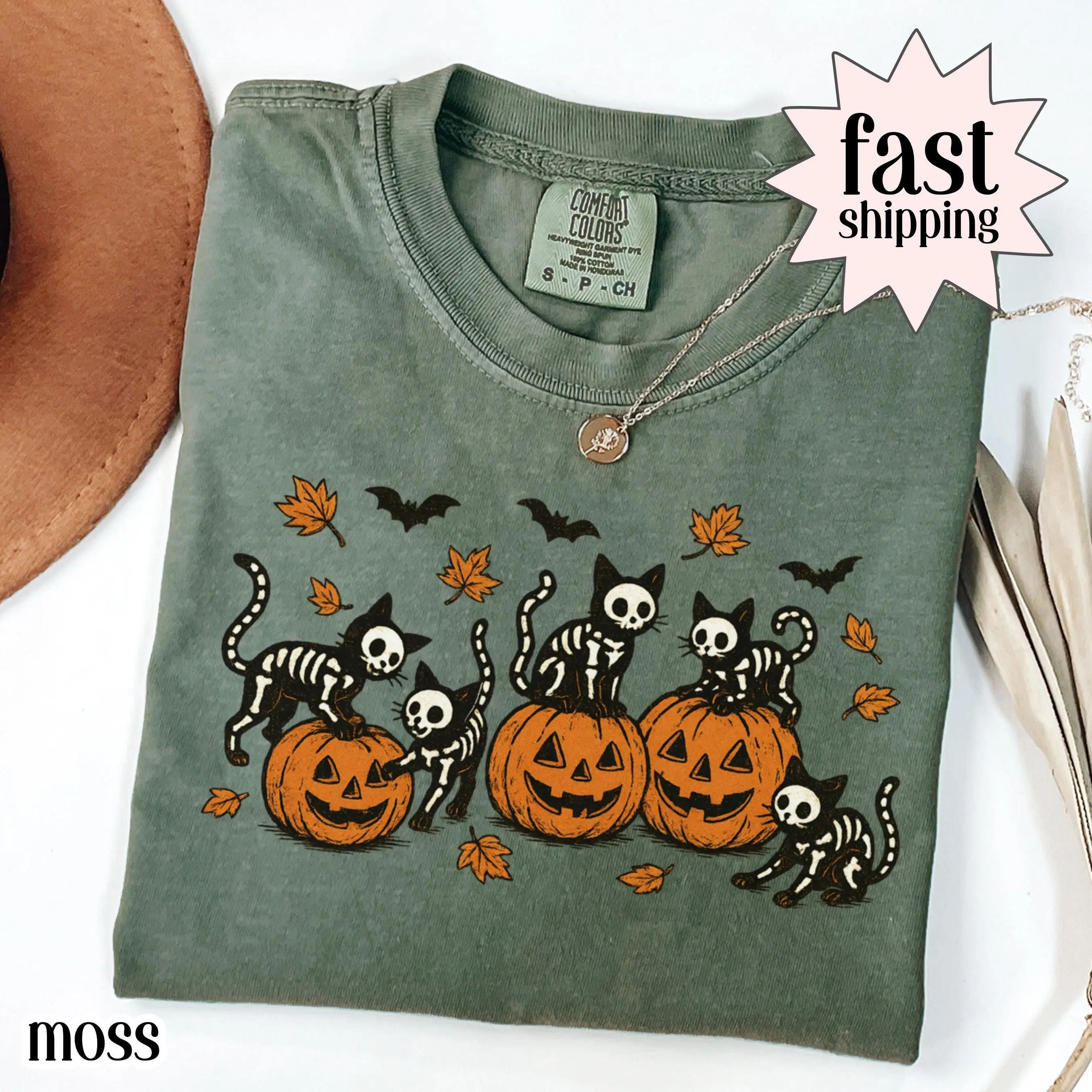 Comfort Colors Black Cat Pumpkin Shirt, Halloween Spooky Season Vintage Retro Skeleton Cozy Autumn Tee