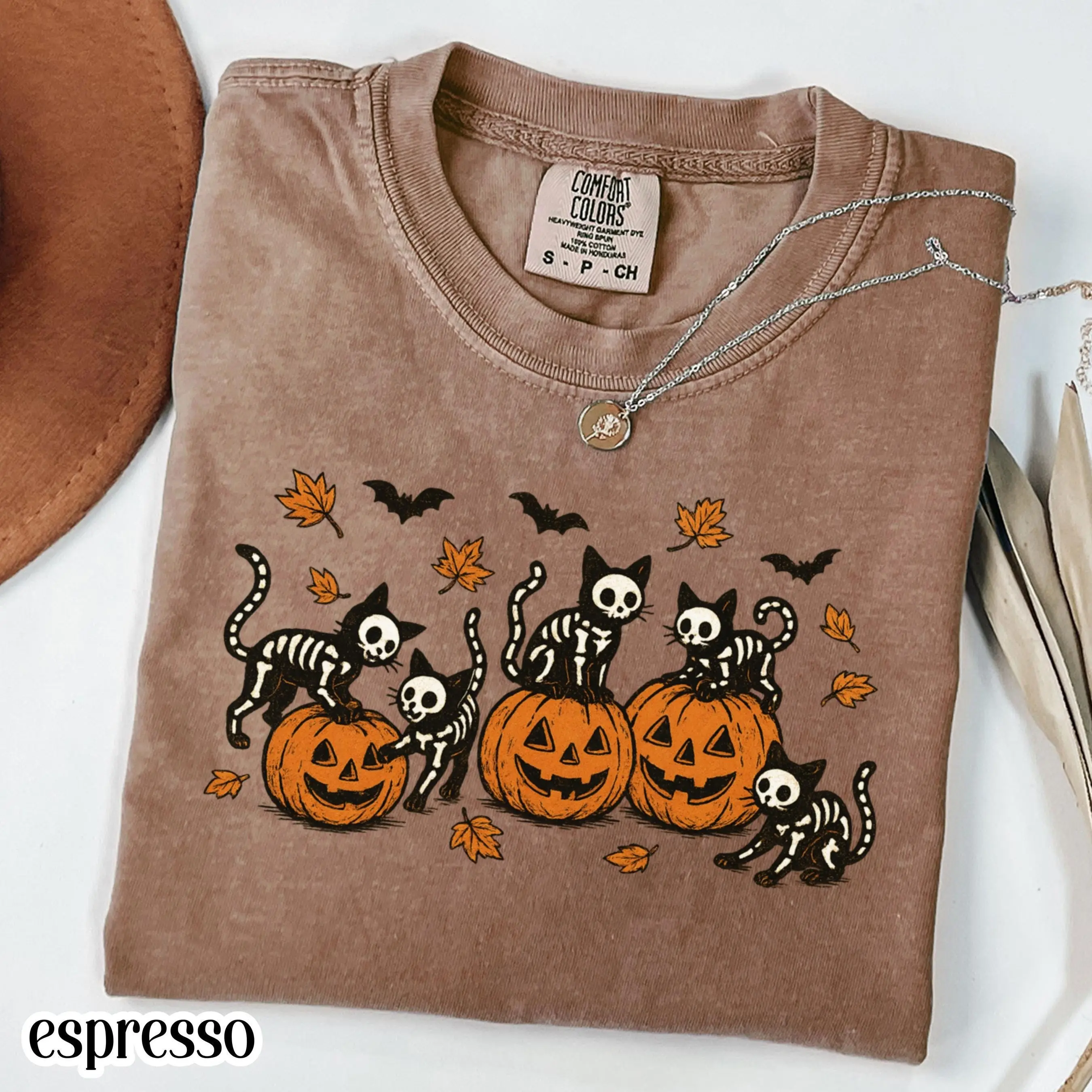 Comfort Colors Black Cat Pumpkin Shirt, Halloween Spooky Season Vintage Retro Skeleton Cozy Autumn Tee - photo 4