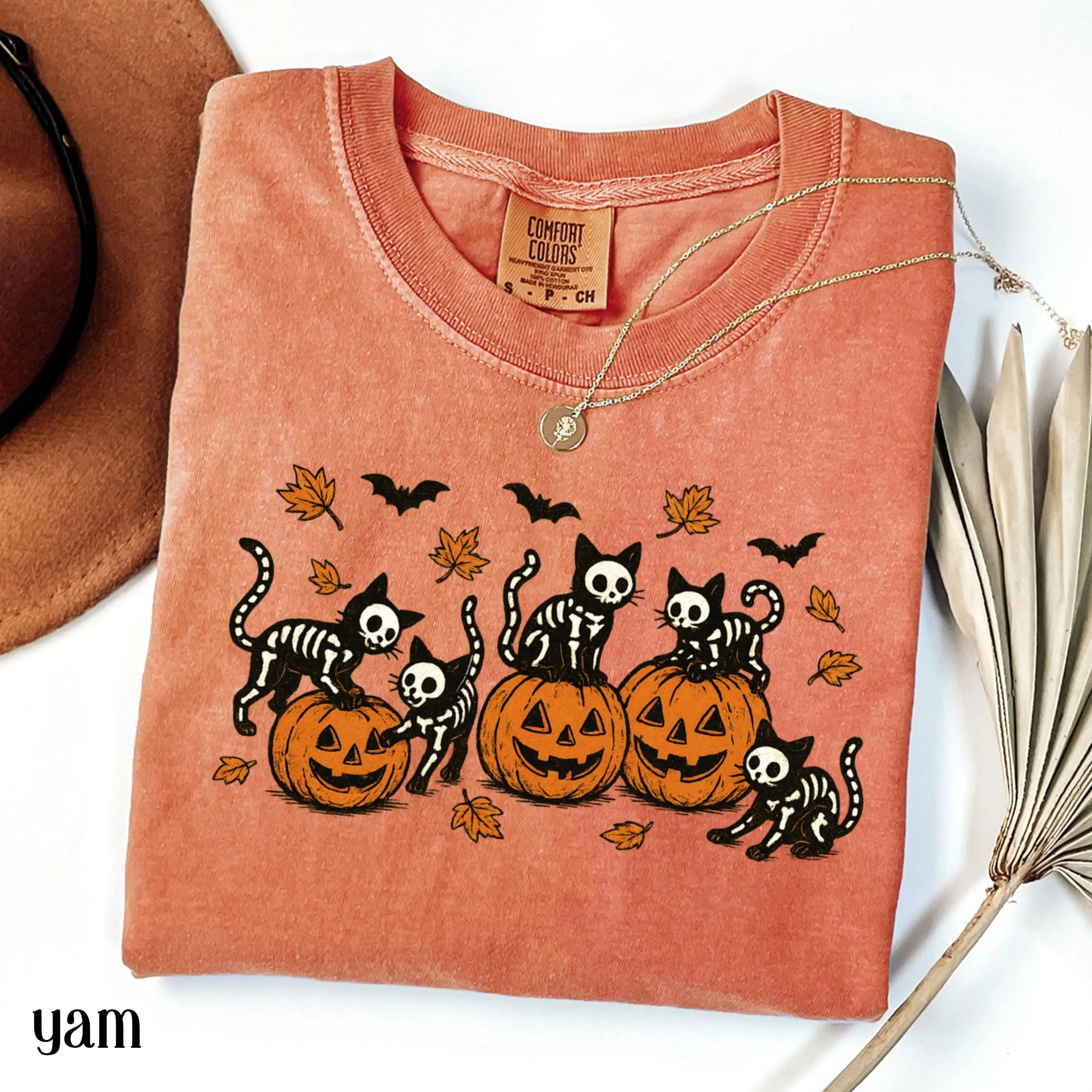 Comfort Colors Black Cat Pumpkin Shirt, Halloween Spooky Season Vintage Retro Skeleton Cozy Autumn Tee - photo 5