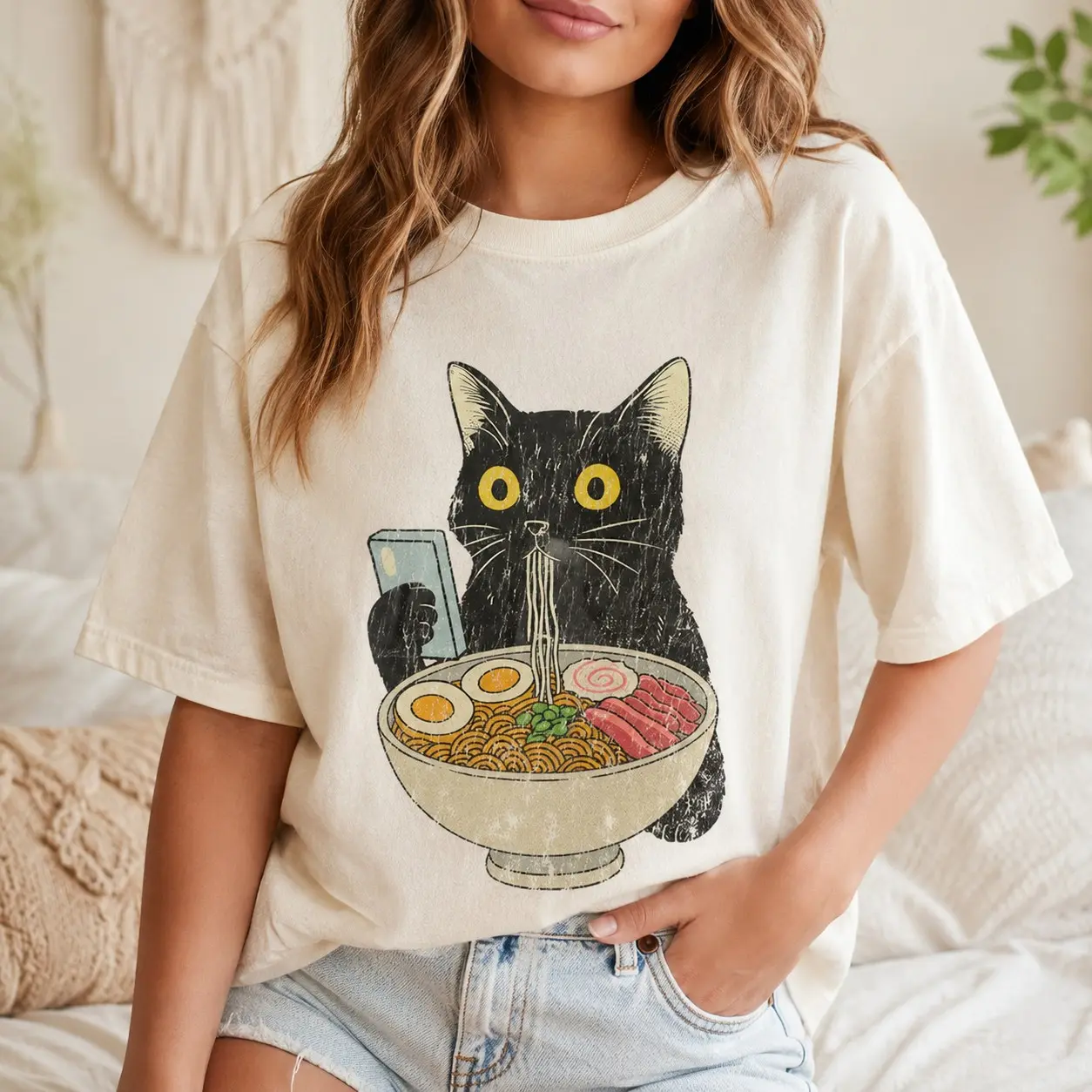 Comfort Colors Black Cat Ramen Shirt, Cute Aesthetic Noodle Bowl Graphic Tee
