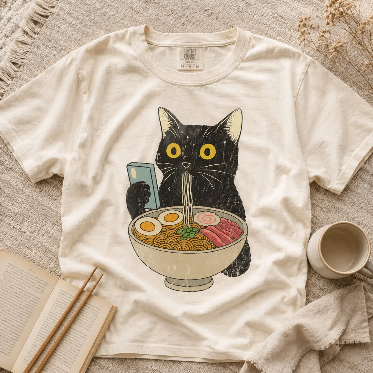 Comfort Colors Black Cat Ramen Shirt, Cute Aesthetic Noodle Bowl Graphic Tee - photo 2