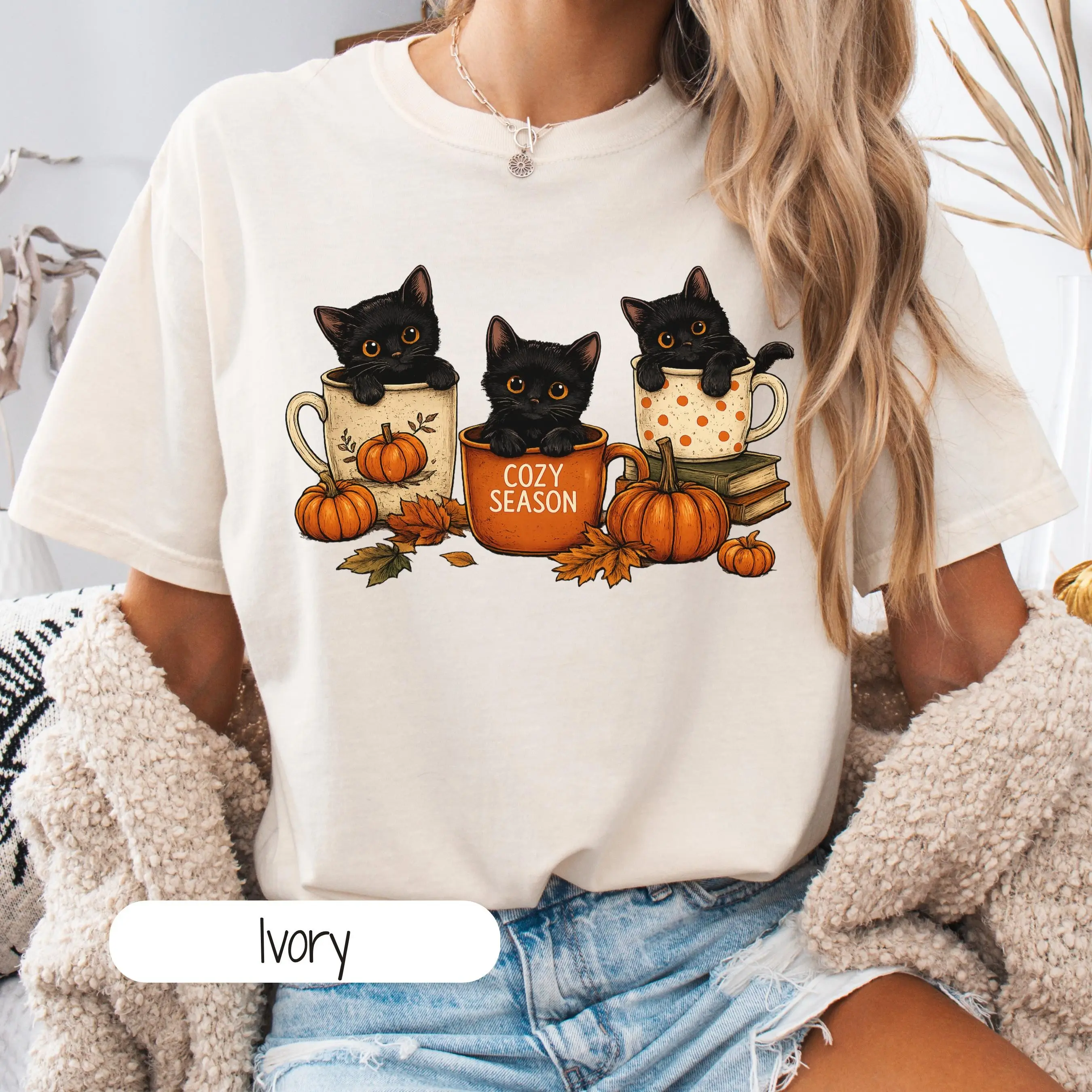 Comfort Colors Black Cat Halloween Shirt, Pumpkin Fall Vibes Spooky Season Tee, Cat Coffee Lover Gift