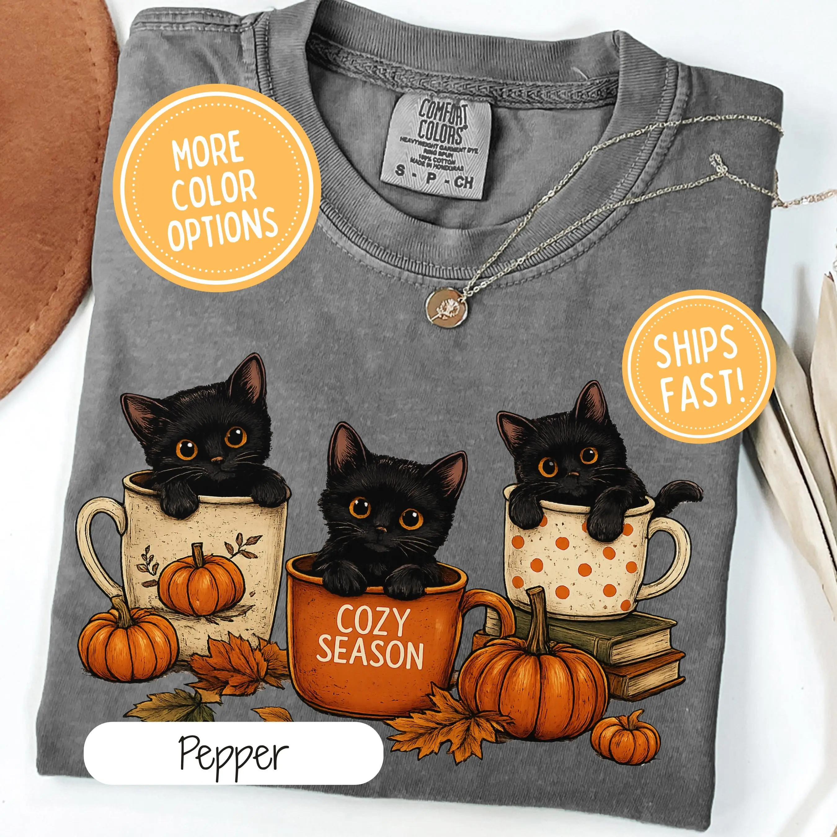 Comfort Colors Black Cat Halloween Shirt, Pumpkin Fall Vibes Spooky Season Tee, Cat Coffee Lover Gift - photo 2