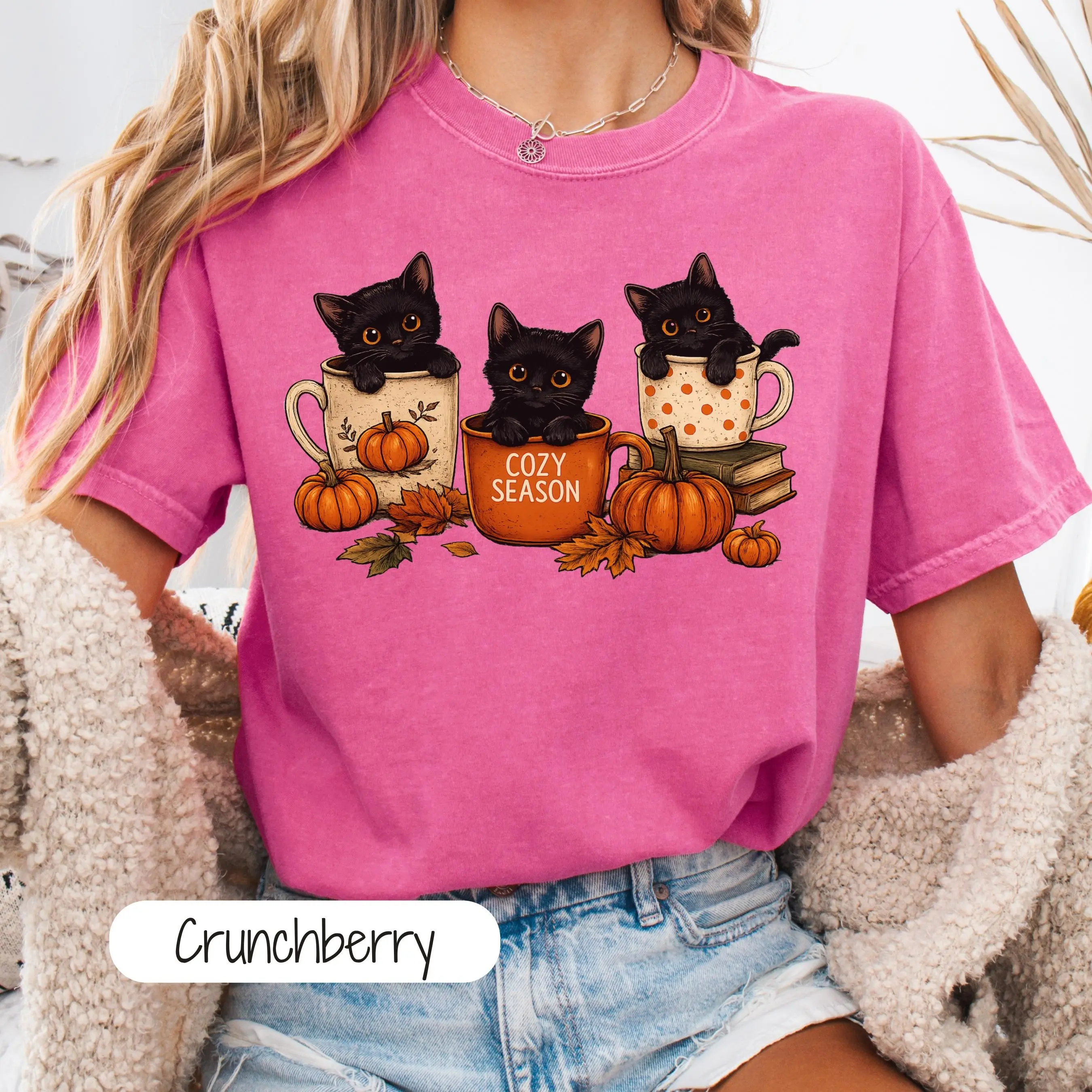 Comfort Colors Black Cat Halloween Shirt, Pumpkin Fall Vibes Spooky Season Tee, Cat Coffee Lover Gift - photo 3