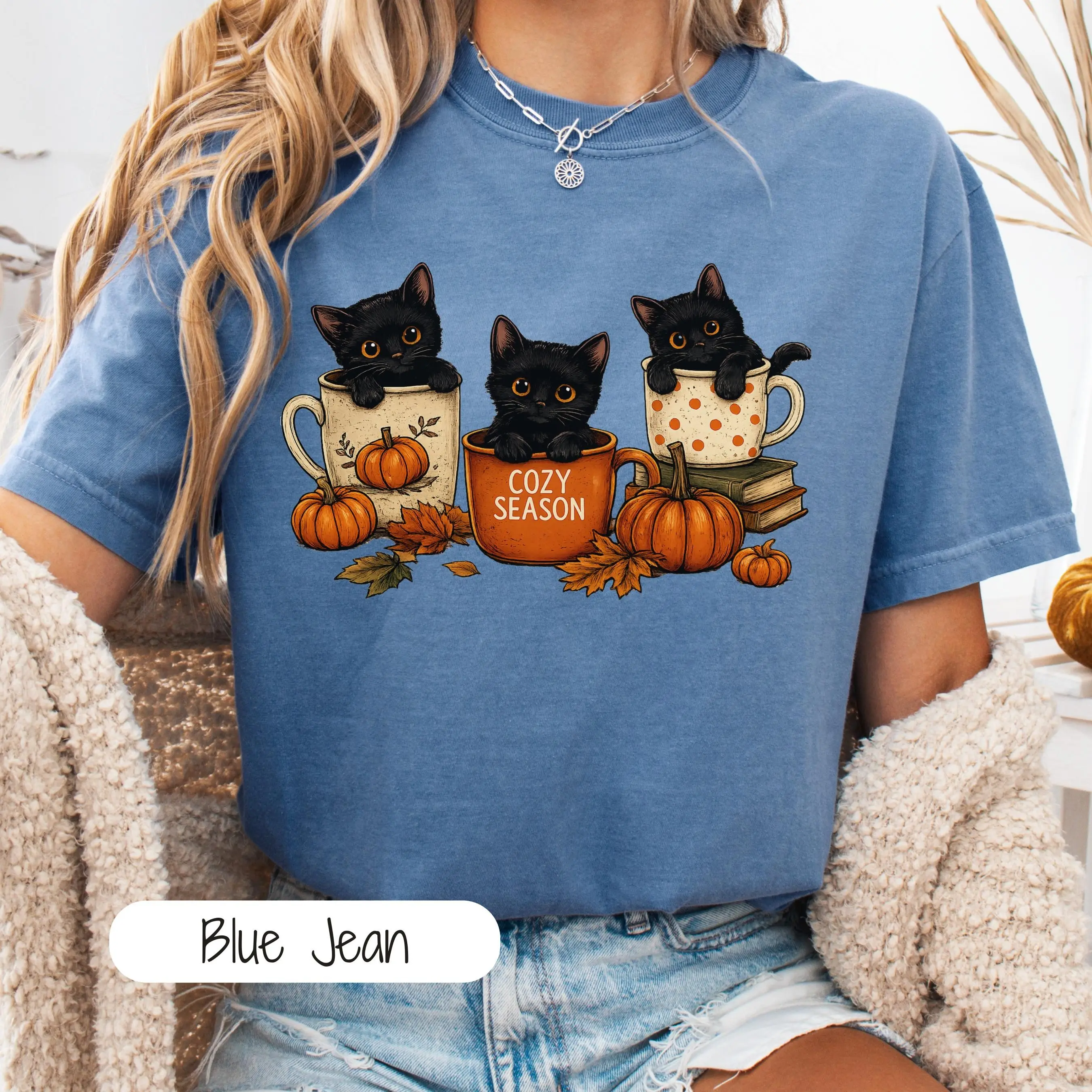Comfort Colors Black Cat Halloween Shirt, Pumpkin Fall Vibes Spooky Season Tee, Cat Coffee Lover Gift - photo 4