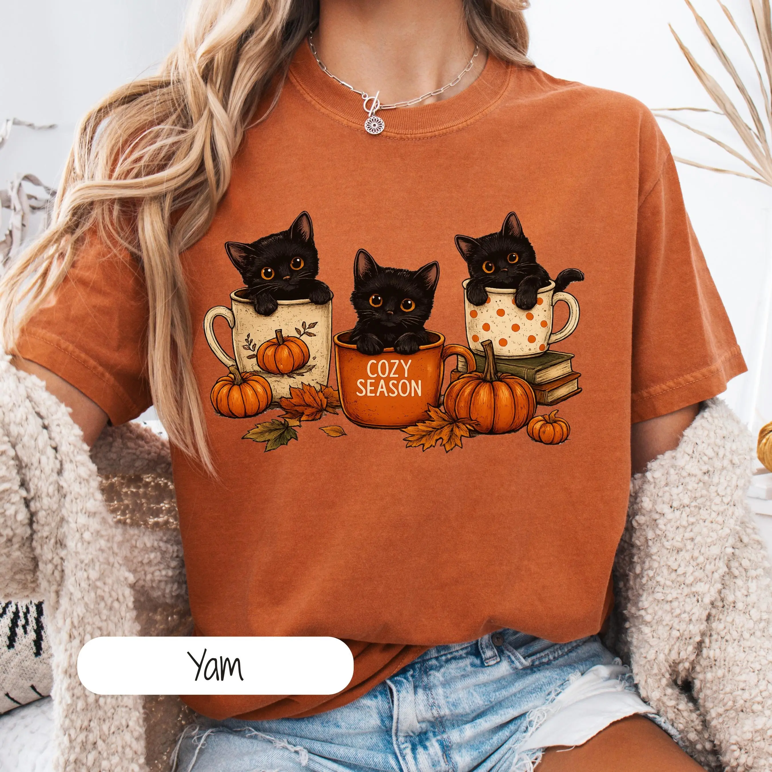 Comfort Colors Black Cat Halloween Shirt, Pumpkin Fall Vibes Spooky Season Tee, Cat Coffee Lover Gift - photo 5