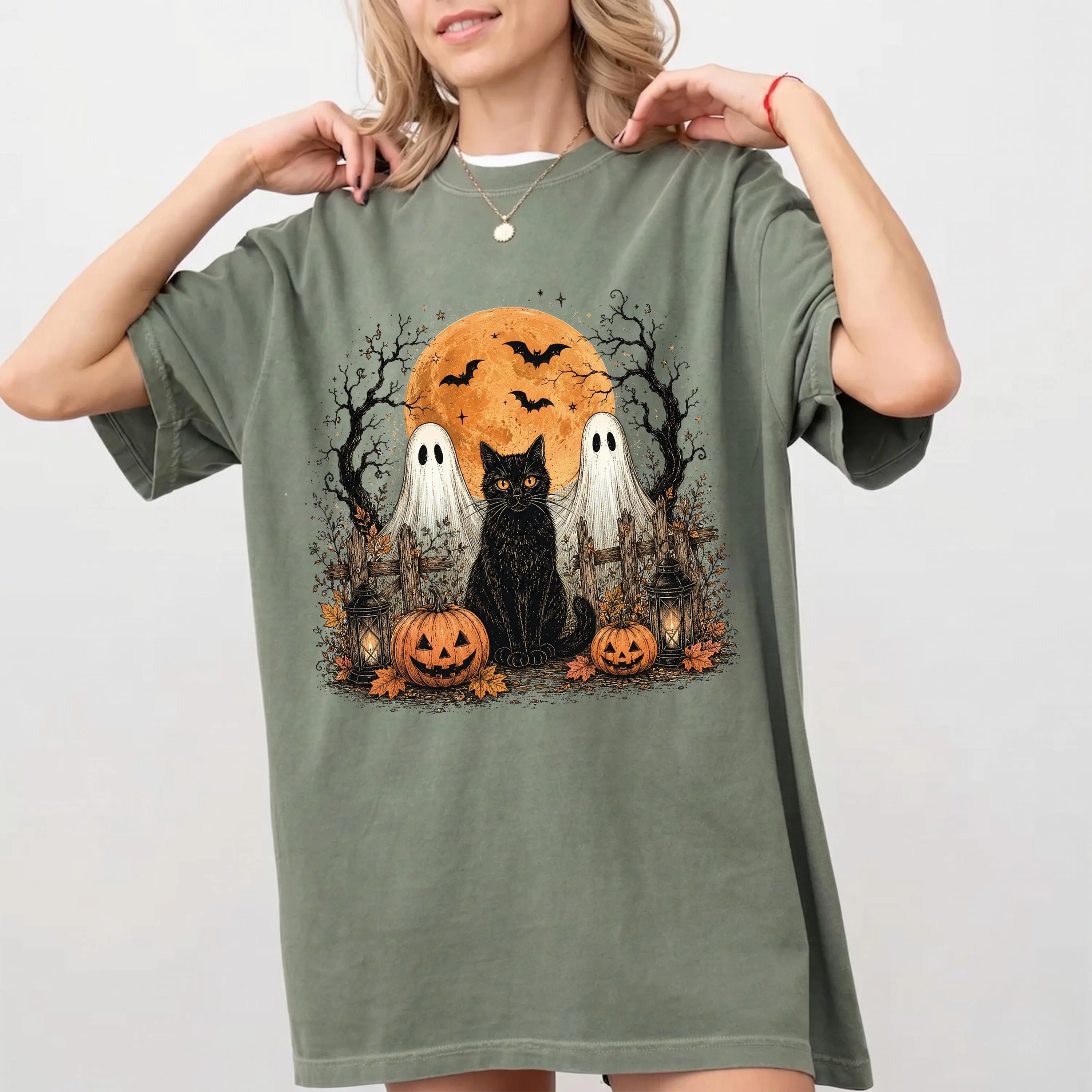 Comfort Colors Black Cat Baking Pumpkin Shirt, Vintage Spooky Season Halloween Fall Lover Gift Tee - photo 2
