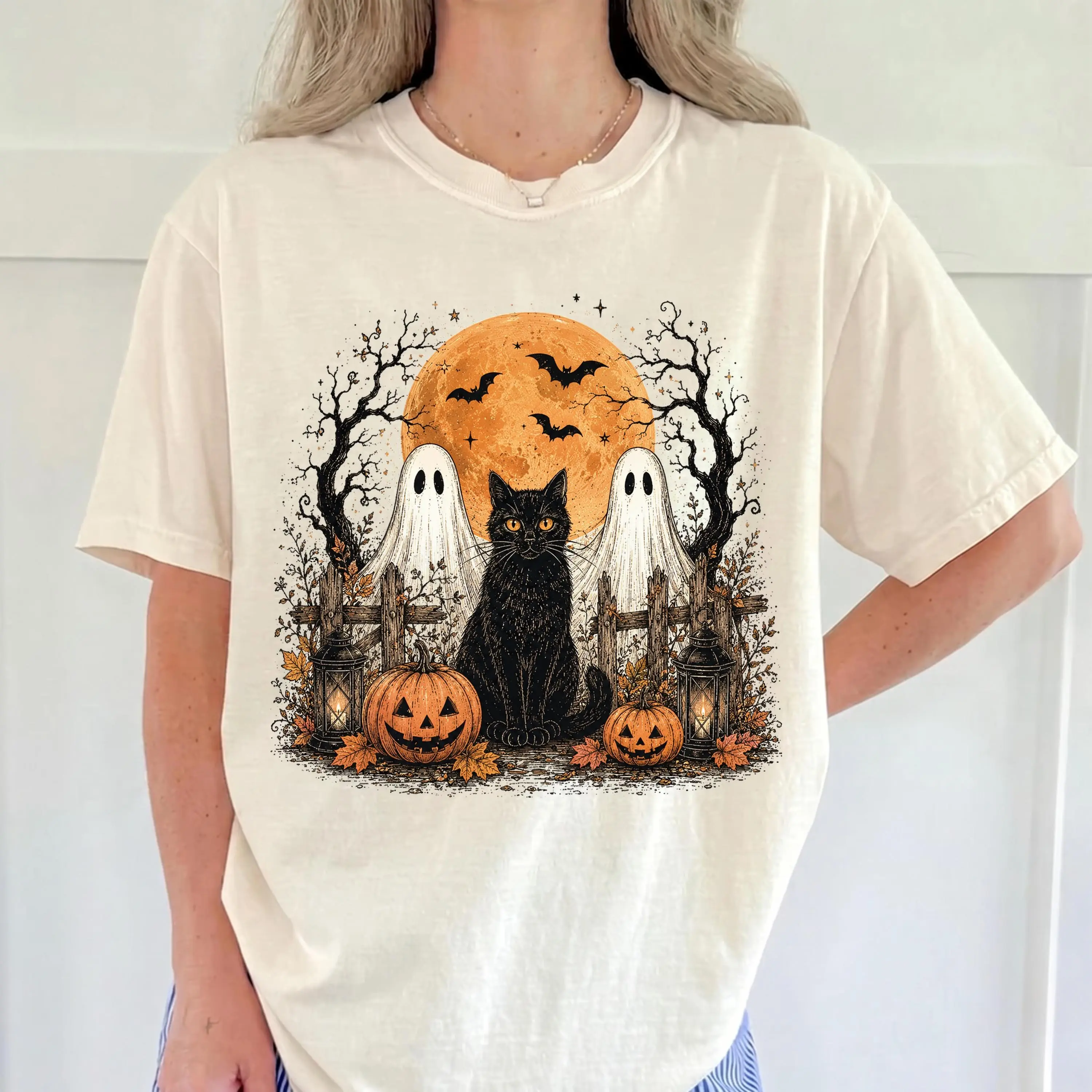 Comfort Colors Black Cat Baking Pumpkin Shirt, Vintage Spooky Season Halloween Fall Lover Gift Tee - photo 3