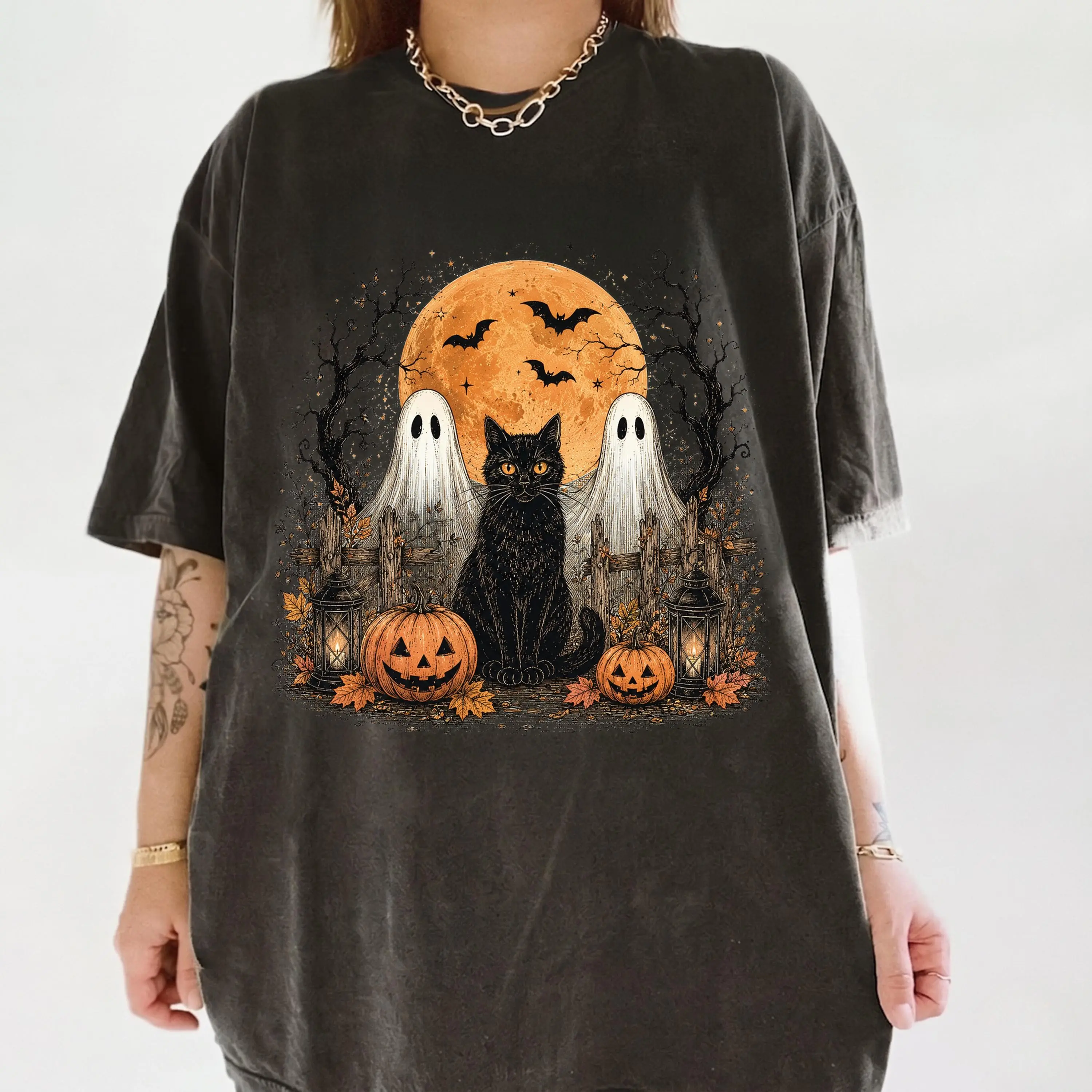 Comfort Colors Black Cat Baking Pumpkin Shirt, Vintage Spooky Season Halloween Fall Lover Gift Tee - photo 5