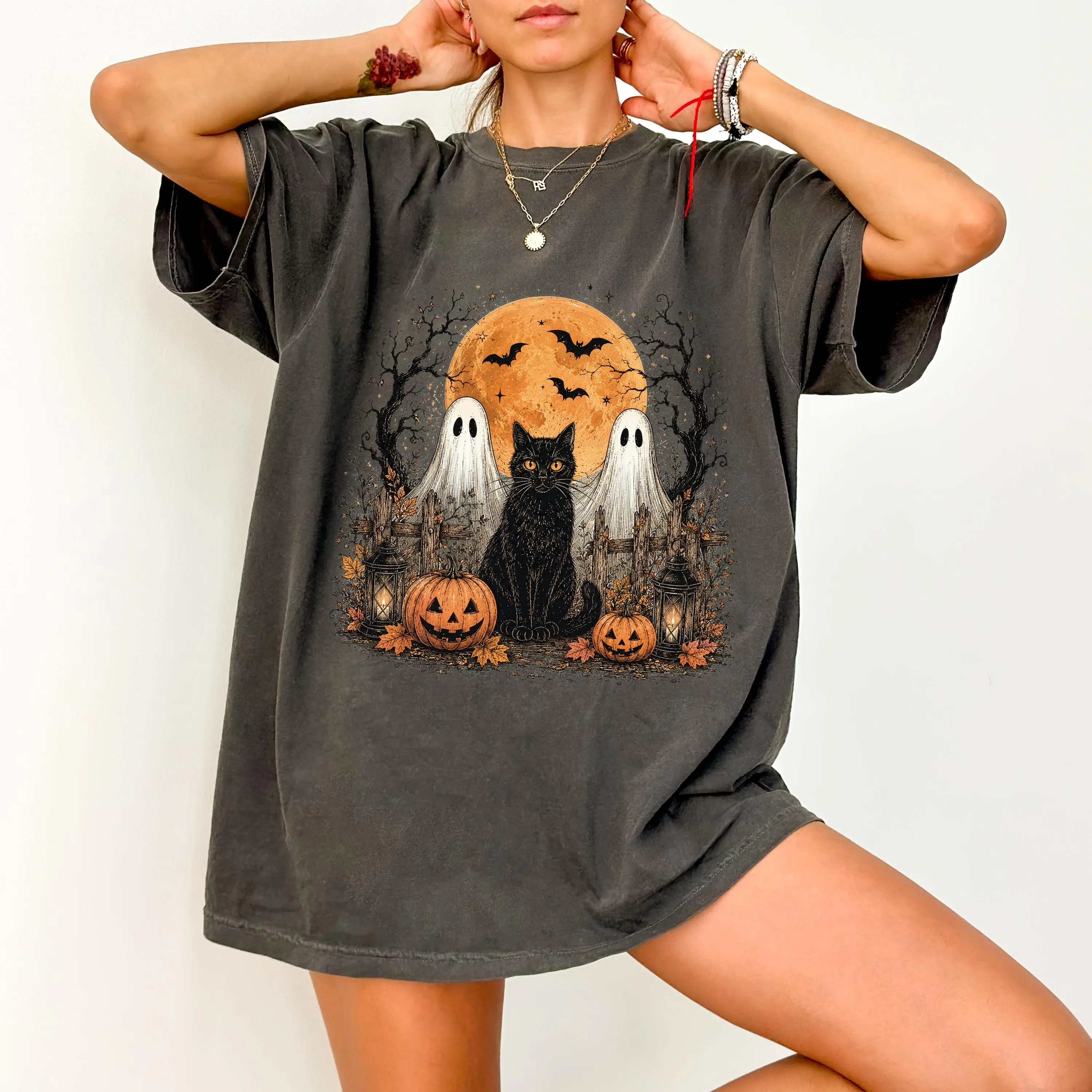 Comfort Colors Black Cat Sweatshirt, Spooky Season Halloween Fall Crewneck, Vintage Baking Pumpkin Lover Gift for Women - photo 2