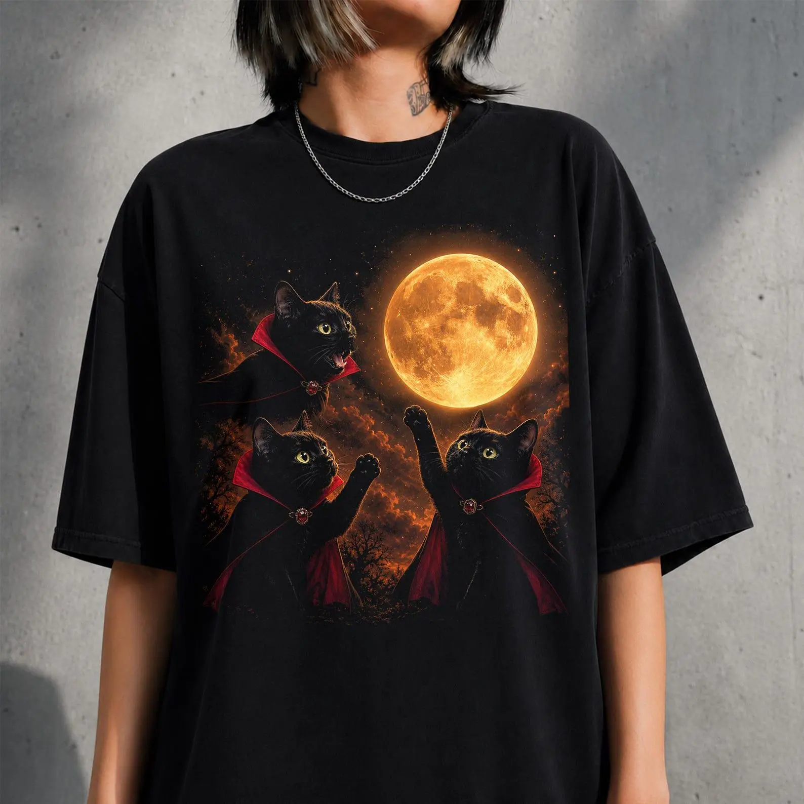 Comfort Colors Black Cat Vampire Shirt, Gothic Moon Halloween Spooky Cute Kitty Lover Graphic Tee - photo 3