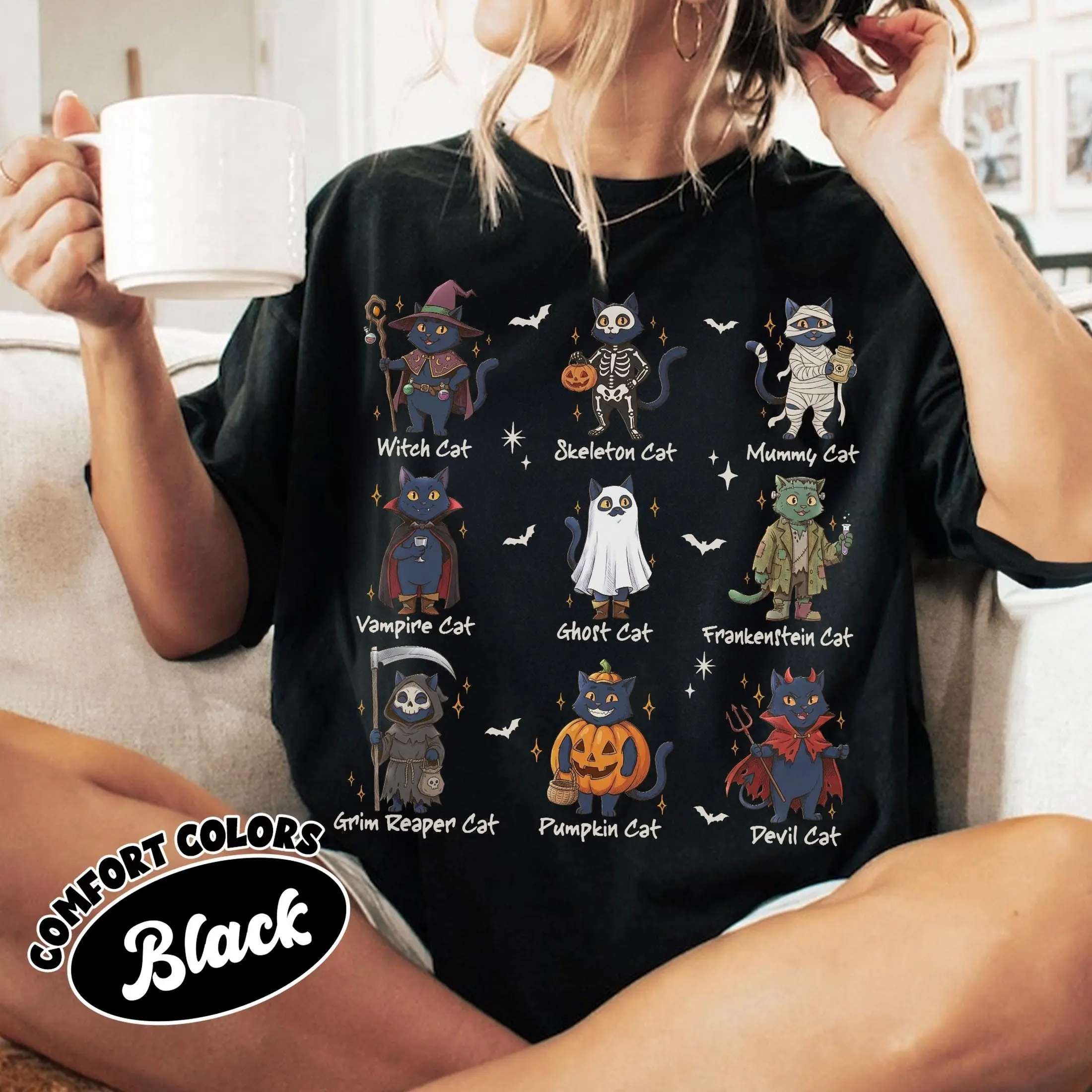 Comfort Colors Black Cats Halloween Shirt, Spooky Season Vintage Cat Mom Lover Gift Tee - photo 3