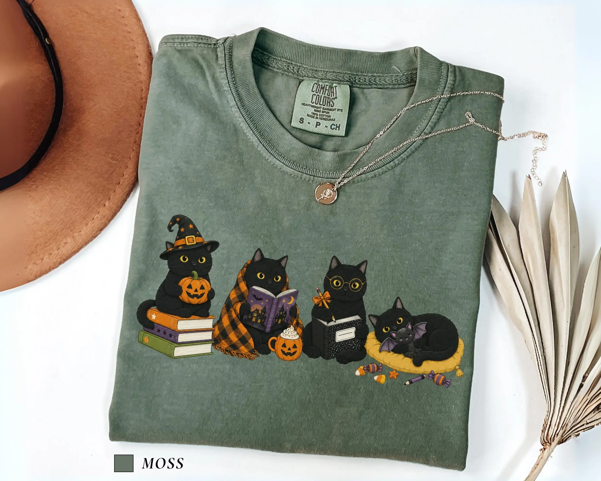 Comfort Colors Black Cats Reading Shirt, Halloween Book Lover Tee, Spooky Season Cat Mom Librarian Teacher Gift