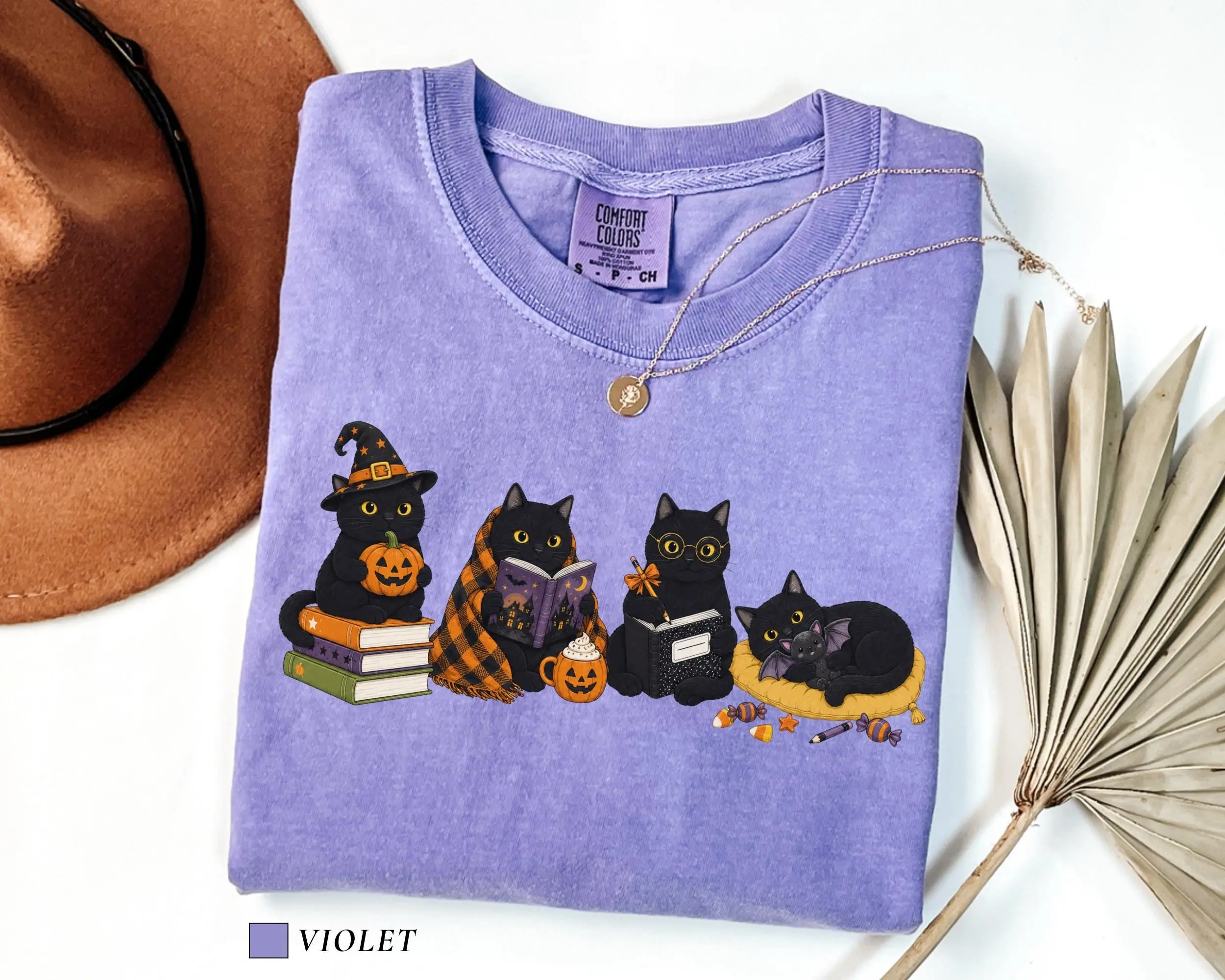 Comfort Colors Black Cats Reading Shirt, Halloween Book Lover Tee, Spooky Season Cat Mom Librarian Teacher Gift - photo 2