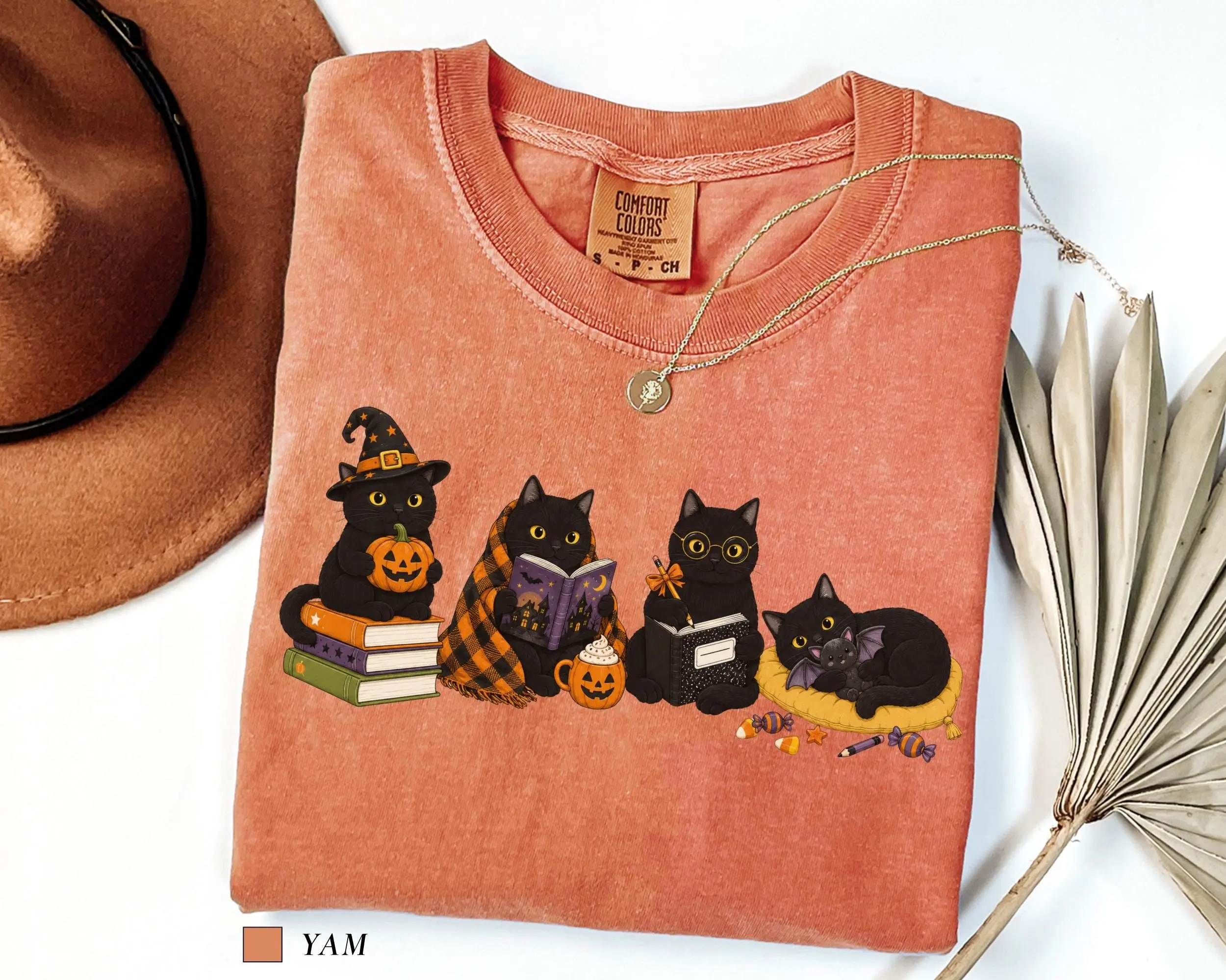 Comfort Colors Black Cats Reading Shirt, Halloween Book Lover Tee, Spooky Season Cat Mom Librarian Teacher Gift - photo 3