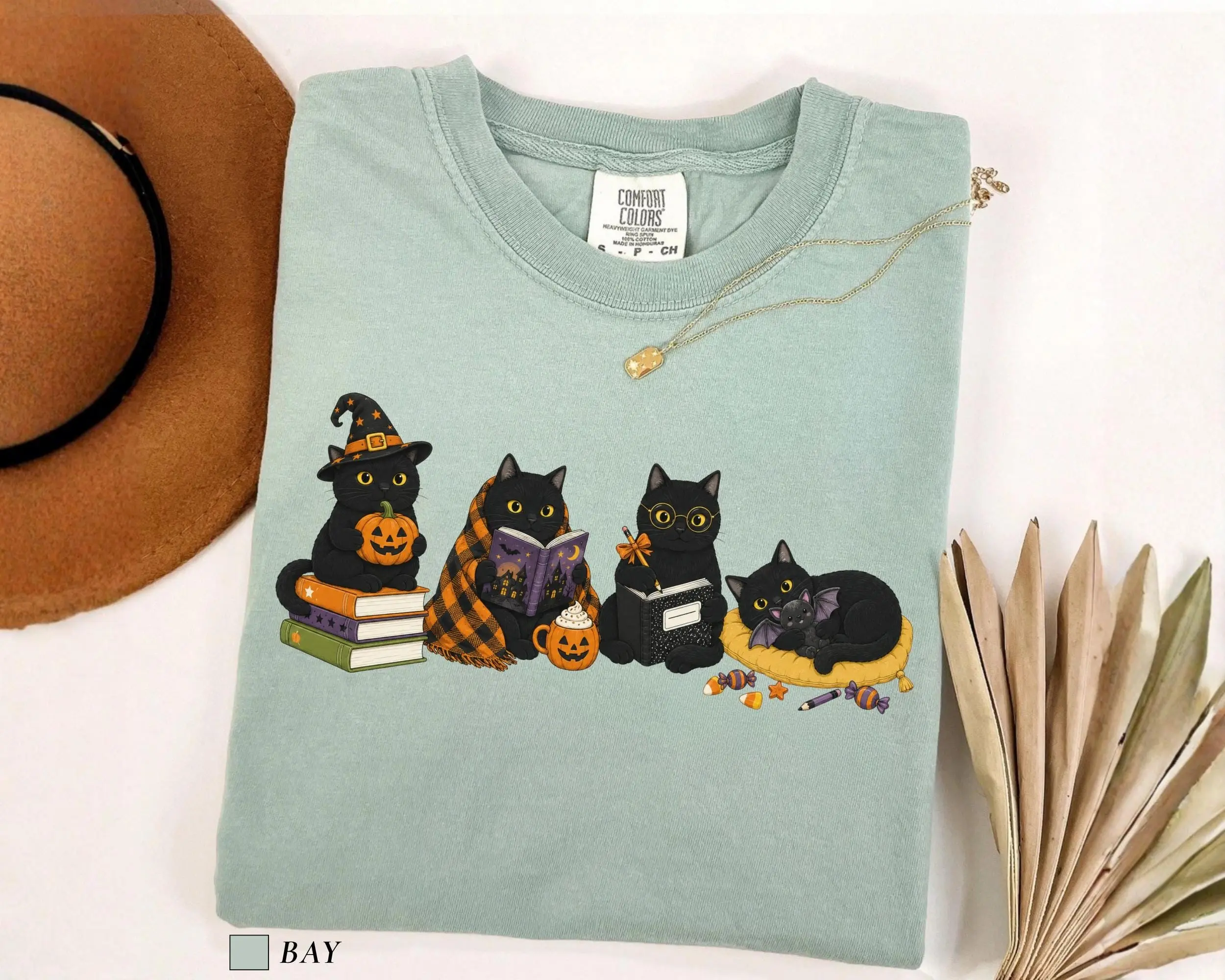 Comfort Colors Black Cats Reading Shirt, Halloween Book Lover Tee, Spooky Season Cat Mom Librarian Teacher Gift - photo 4
