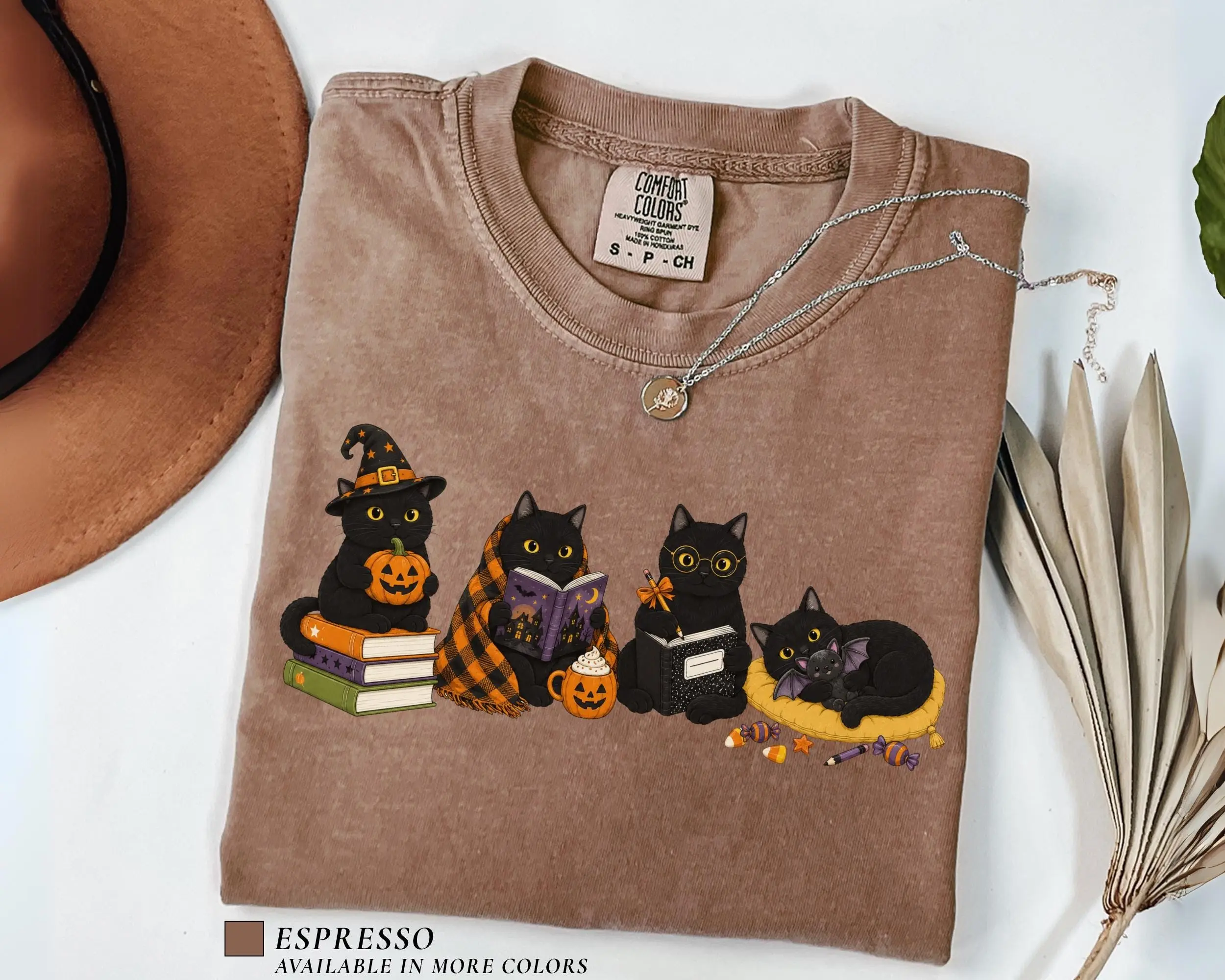 Comfort Colors Black Cats Reading Shirt, Halloween Book Lover Tee, Spooky Season Cat Mom Librarian Teacher Gift - photo 5