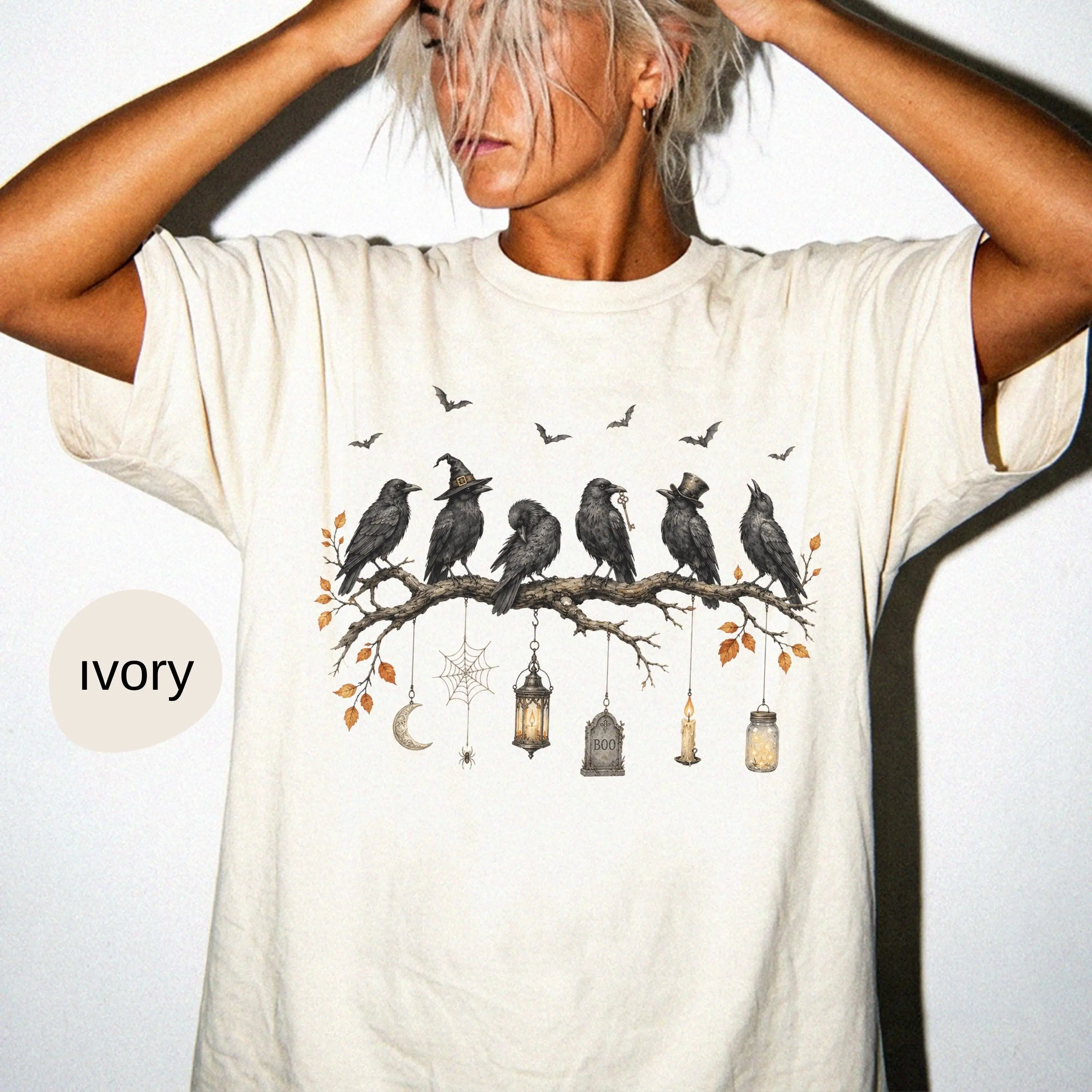 Comfort Colors Black Crow Halloween T-Shirt, Cute Spooky Season Fall Graphic Tee, October Bird Top for Women